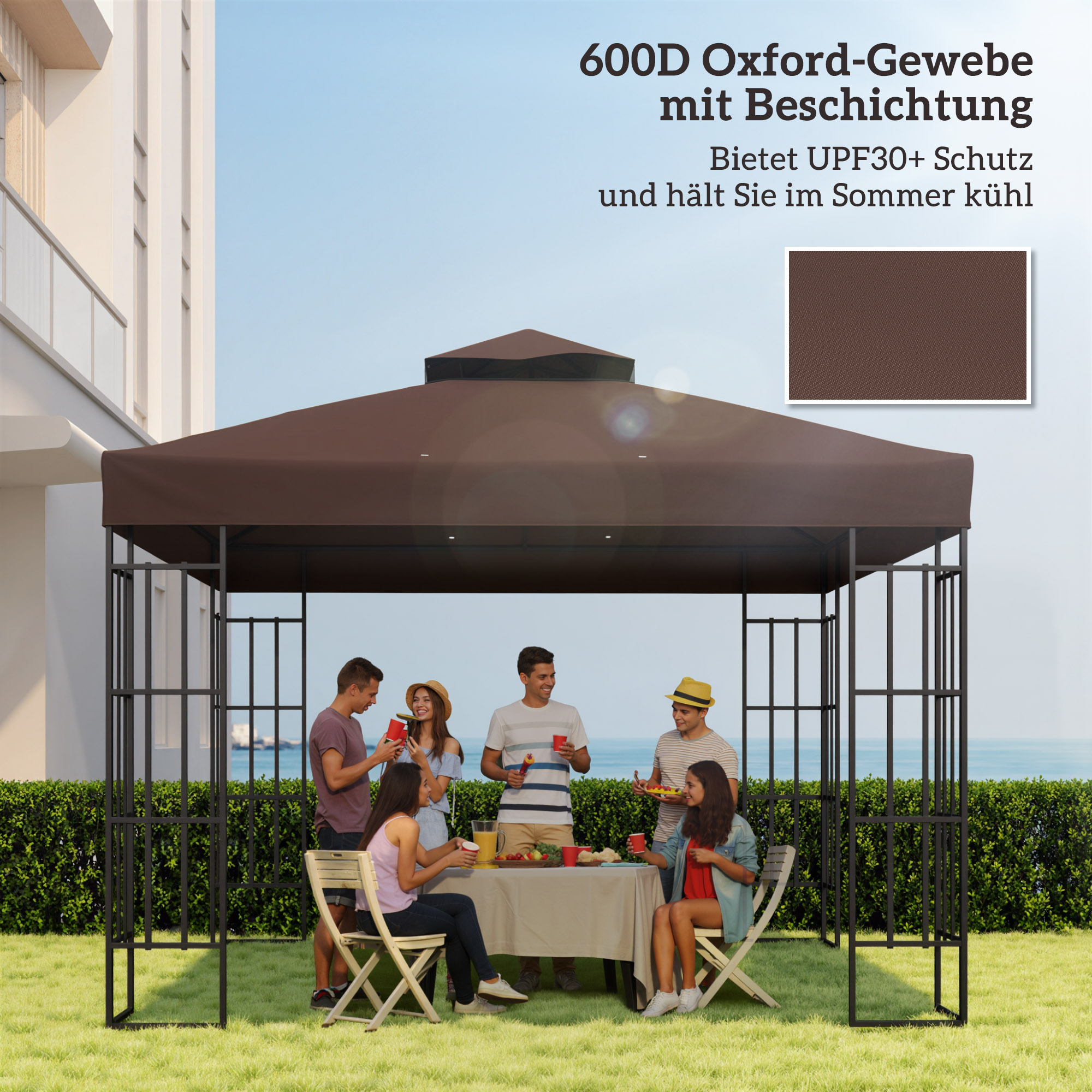 3 x 3 m Ersatzdach für Pavillon, Pavillon-Ersatzplane mit Wasserablauf-Löchern, UPF30+, Sonnenschutz, Kaffee