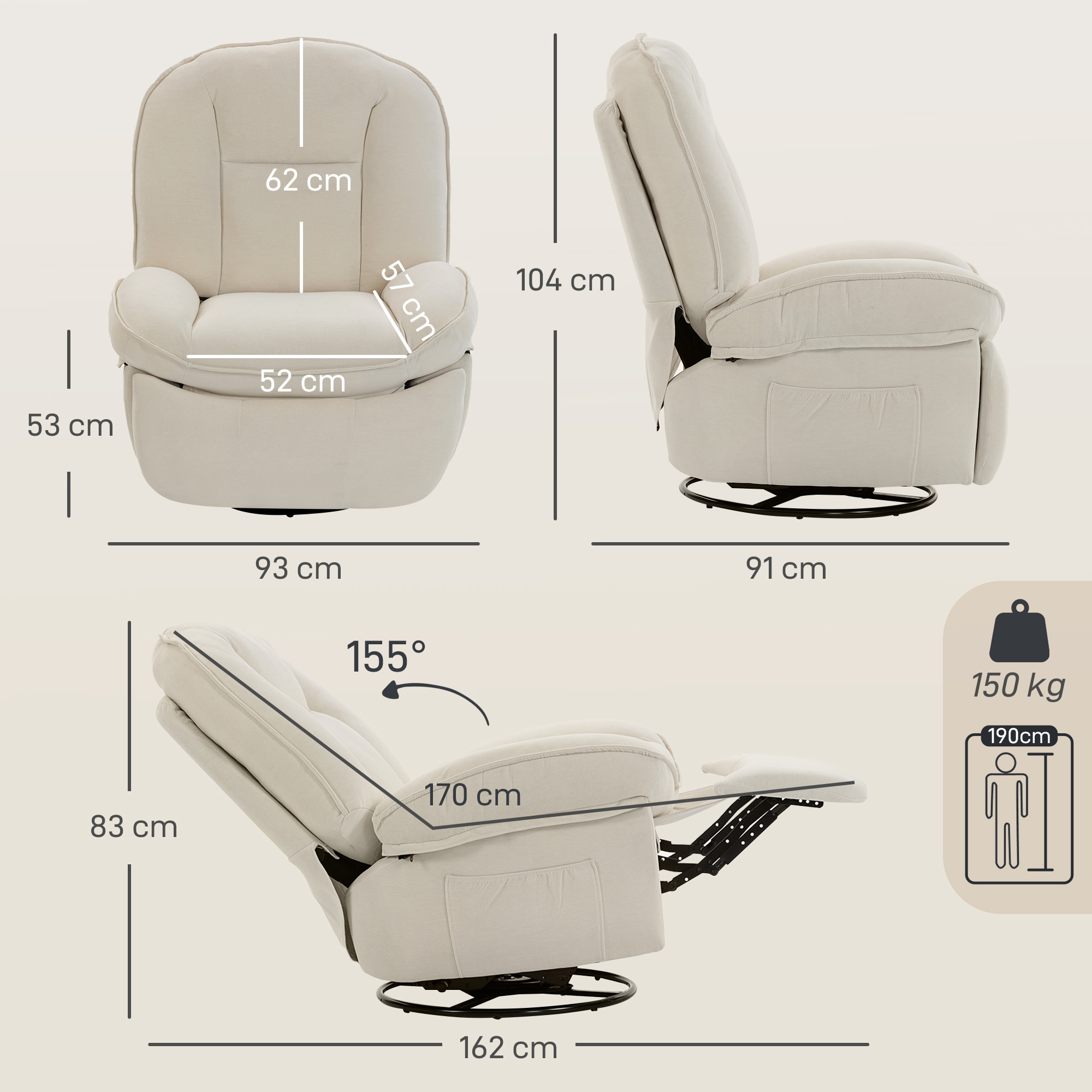 Relaxsessel, Drehbarer Schaukel- und Liegestuhl mit Tiefer Sitzfläche, Dickem Rückenpolster, Einfacher Montage, Creme