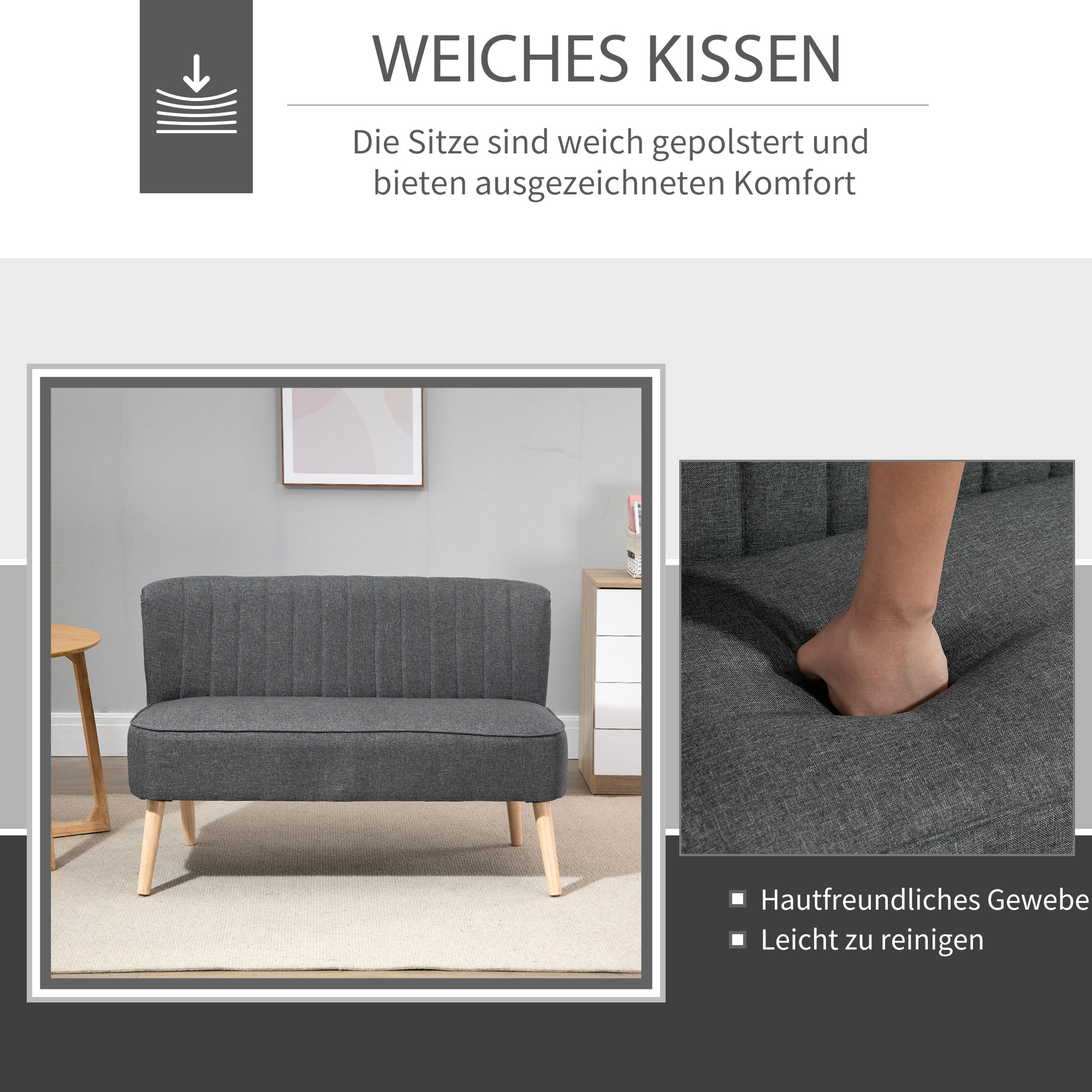 2-Sitzer Sofa, weiche Polsterung, pflegeleichter Bezug, bis 150 kg, 117 x 56,5 x 77 cm, Dunkelgrau