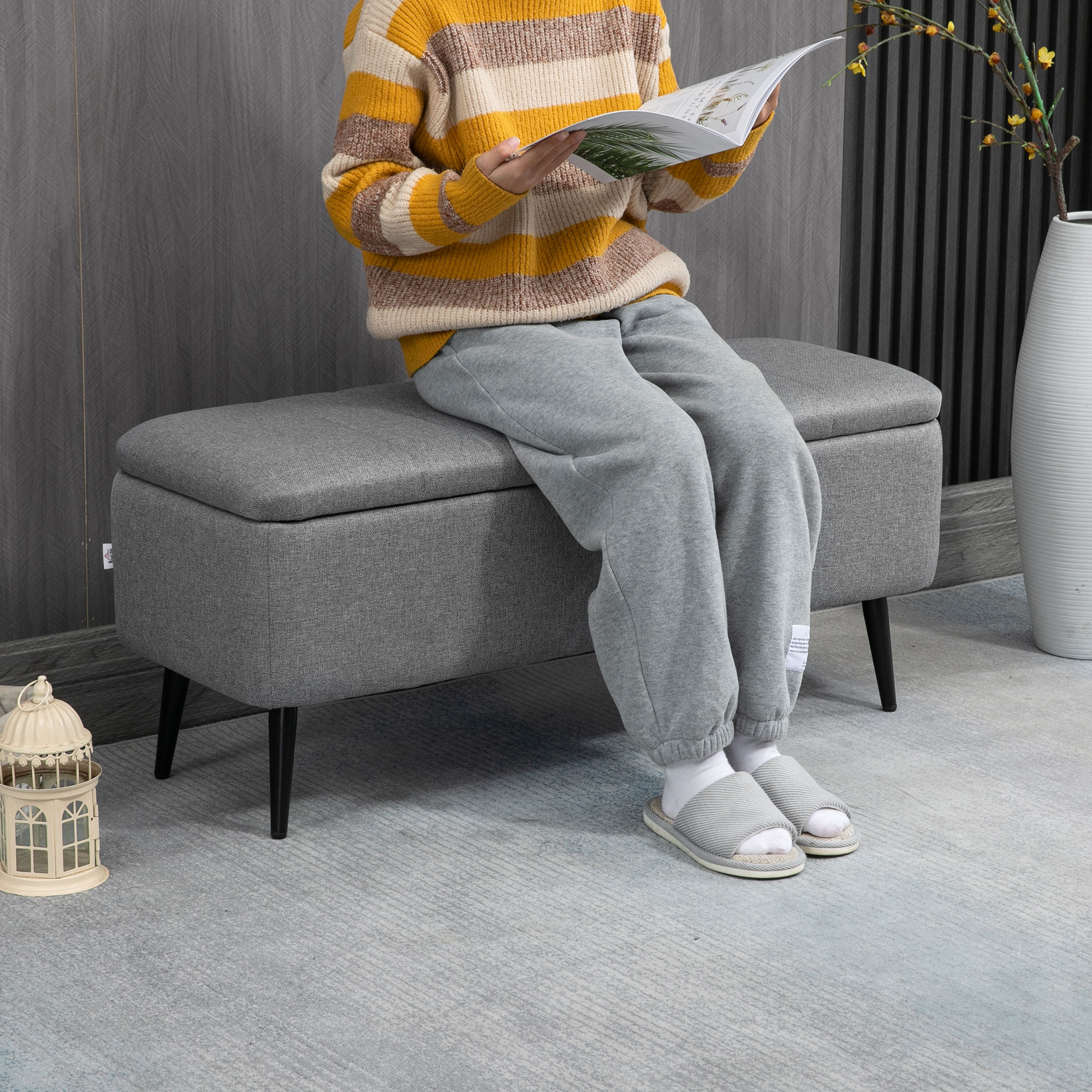 Sitzbank mit Stauraum Polsterbank mit Leinenoptik, Sitztruhe mit Stahlbeine 102 x 40 x 44 cm, Grau