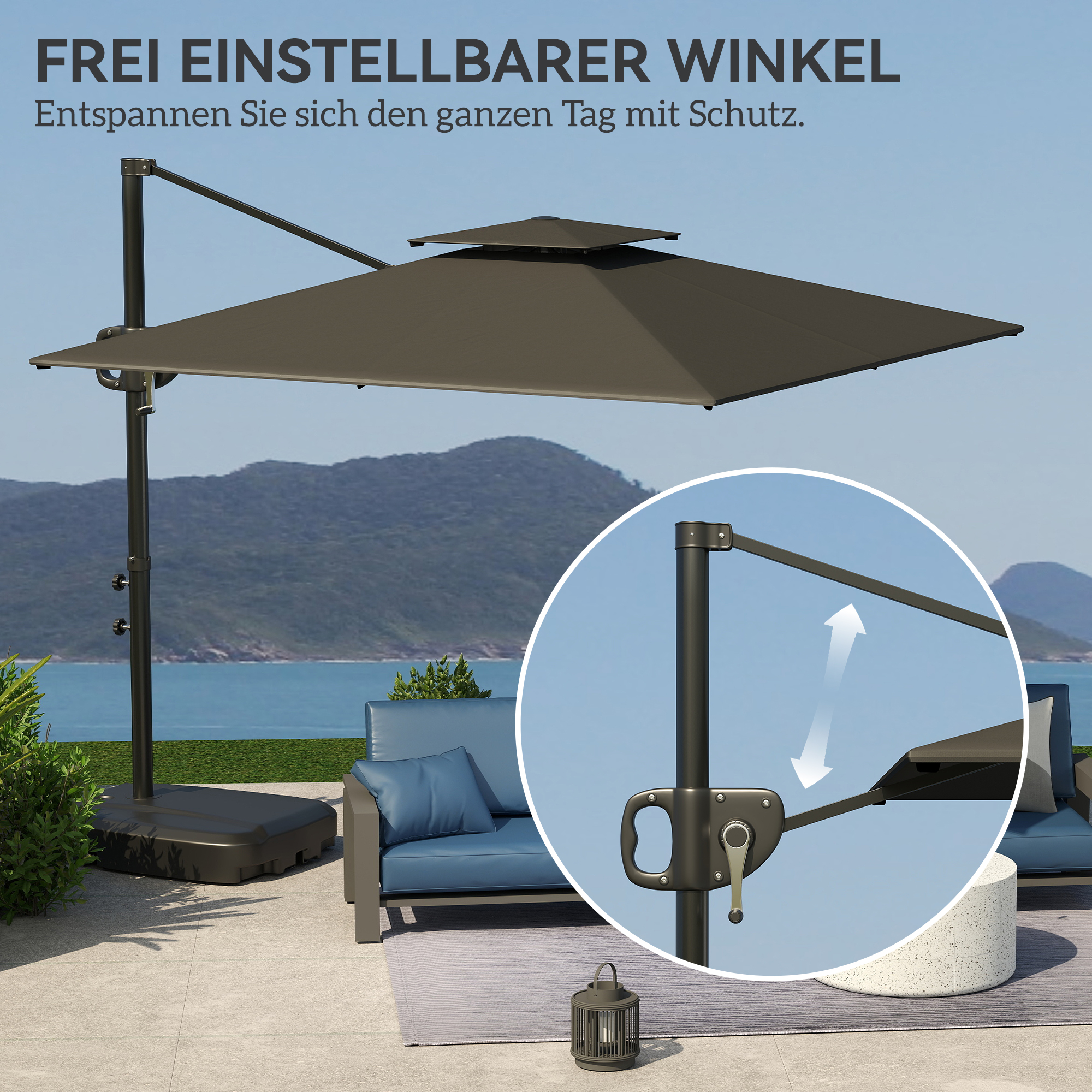 Ampelschirm 247 x 247cm neigbar Sonnenschirm mit Doppeldach Kurbel Ständer Wasserabweisend Dunkelgrau
