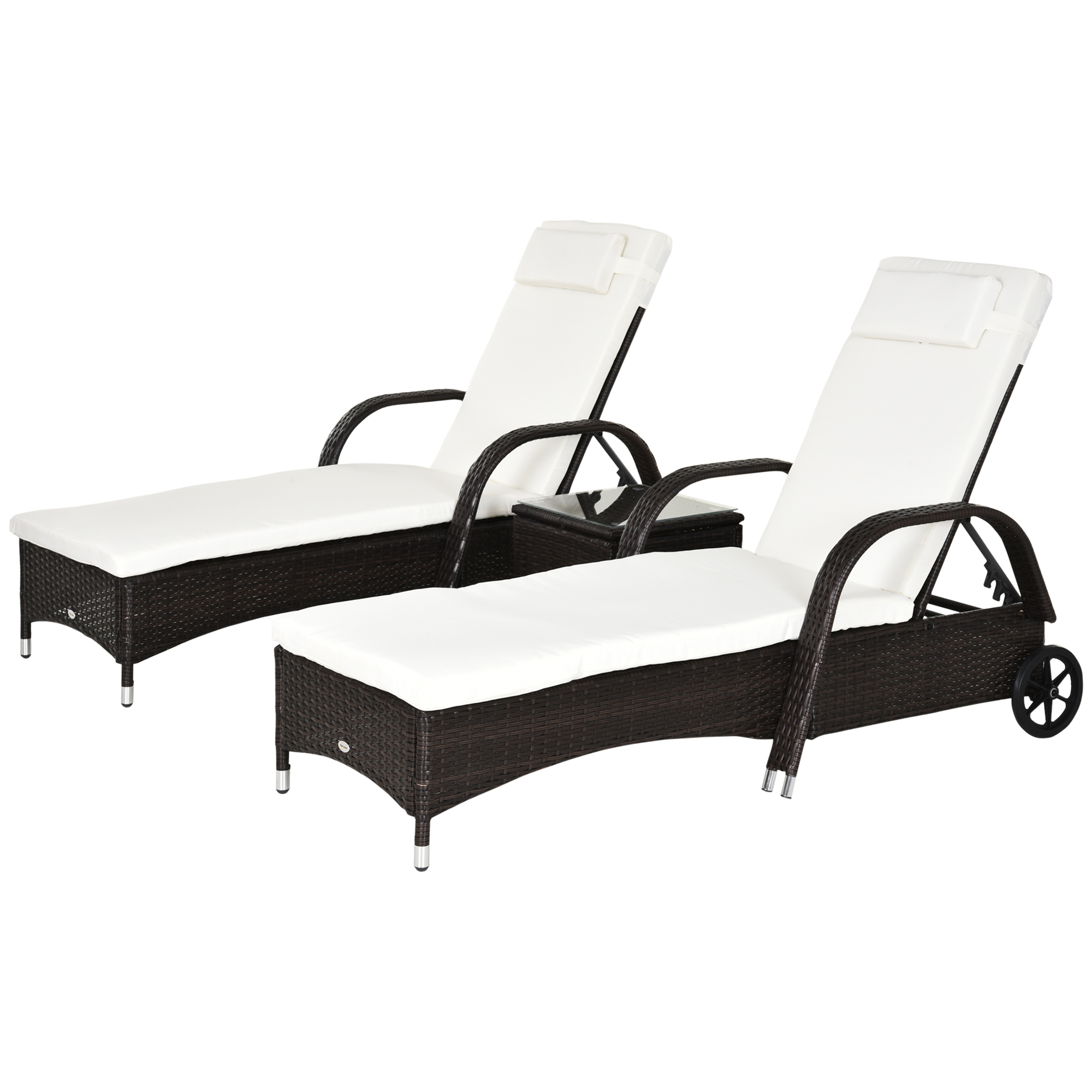 3er-Sonnenliegen-Set, 2x Gartenliege mit Beistelltisch, inkl. Liegeauflagen, Polyrattan, Braun+Cremeweiß