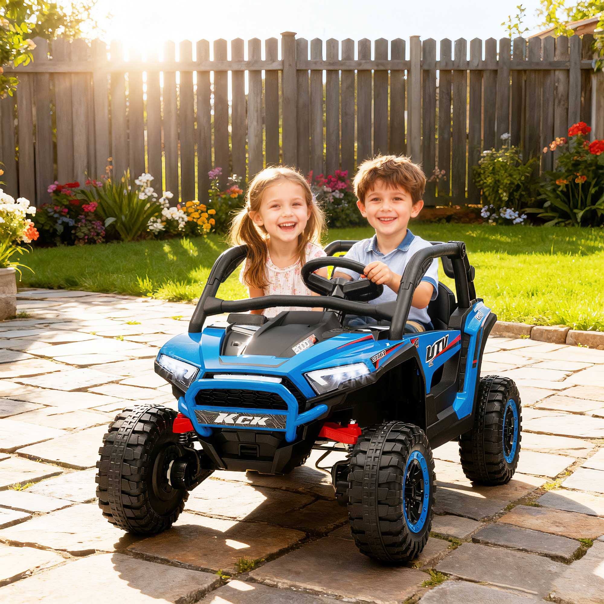 Kinderauto Elektro-UTV, 5-7 km/h, 2-Sitzer, Fernbedienung, Musik, Lichter, 1h Fahrtdauer, Blau
