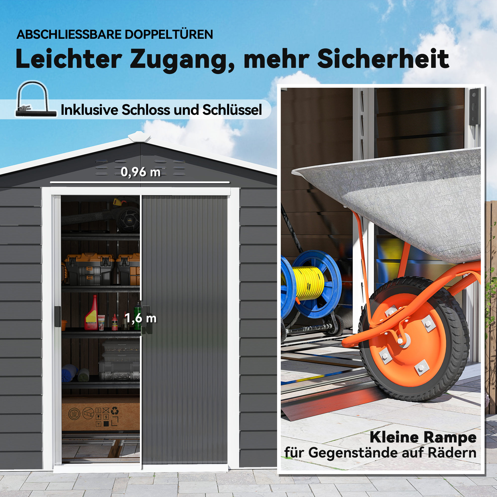 Geräteschuppen aus Metall, wetterfest & rostfrei, abschließbar,  2,40 x 2,06 x 1,98 m, Dunkelgrau