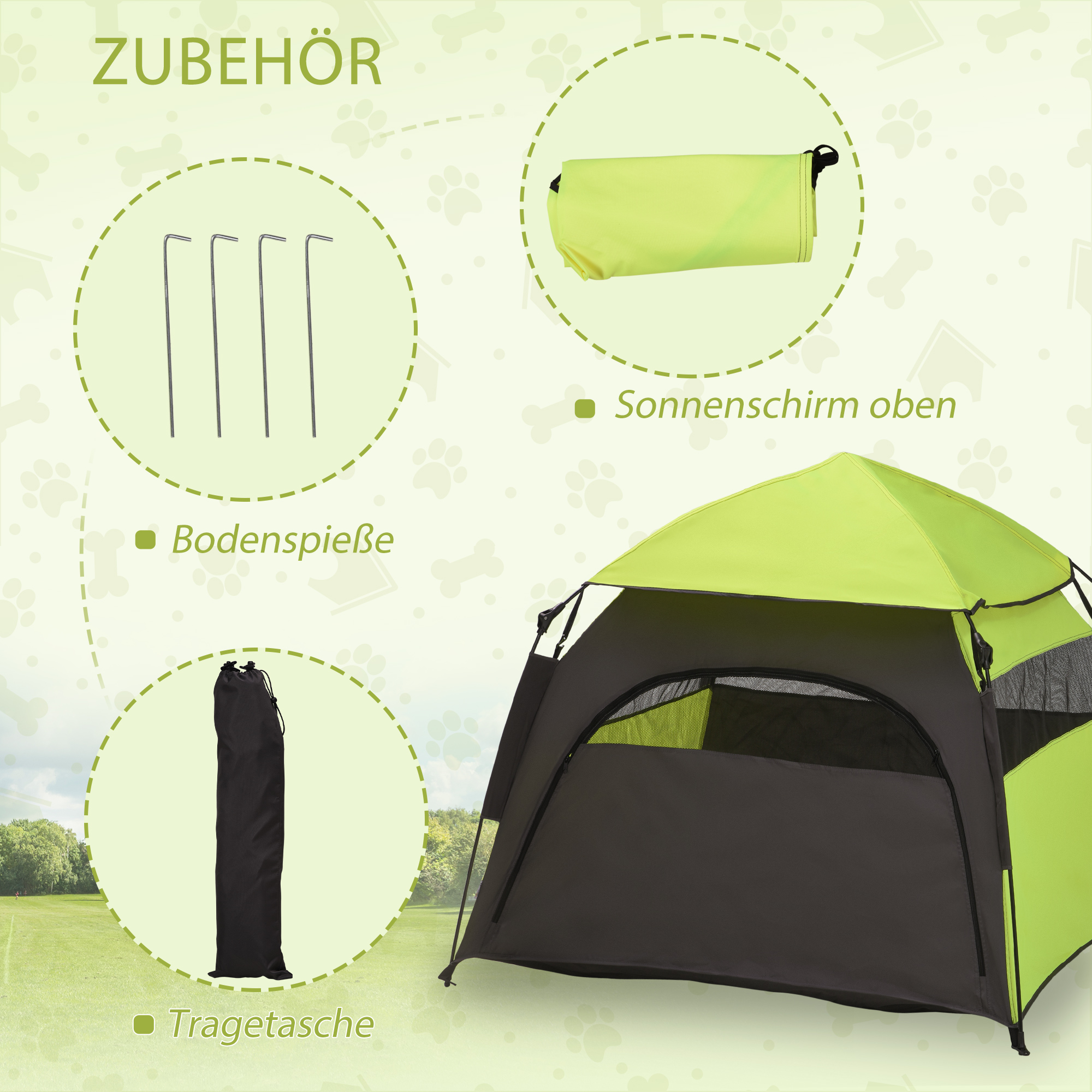 Haustierzelt Hundezelt Outdoor Tierzelt, 110 cm x 110 cm x 85 cm. Bodenspieße +  Transporttasche. Grün + Schwarz