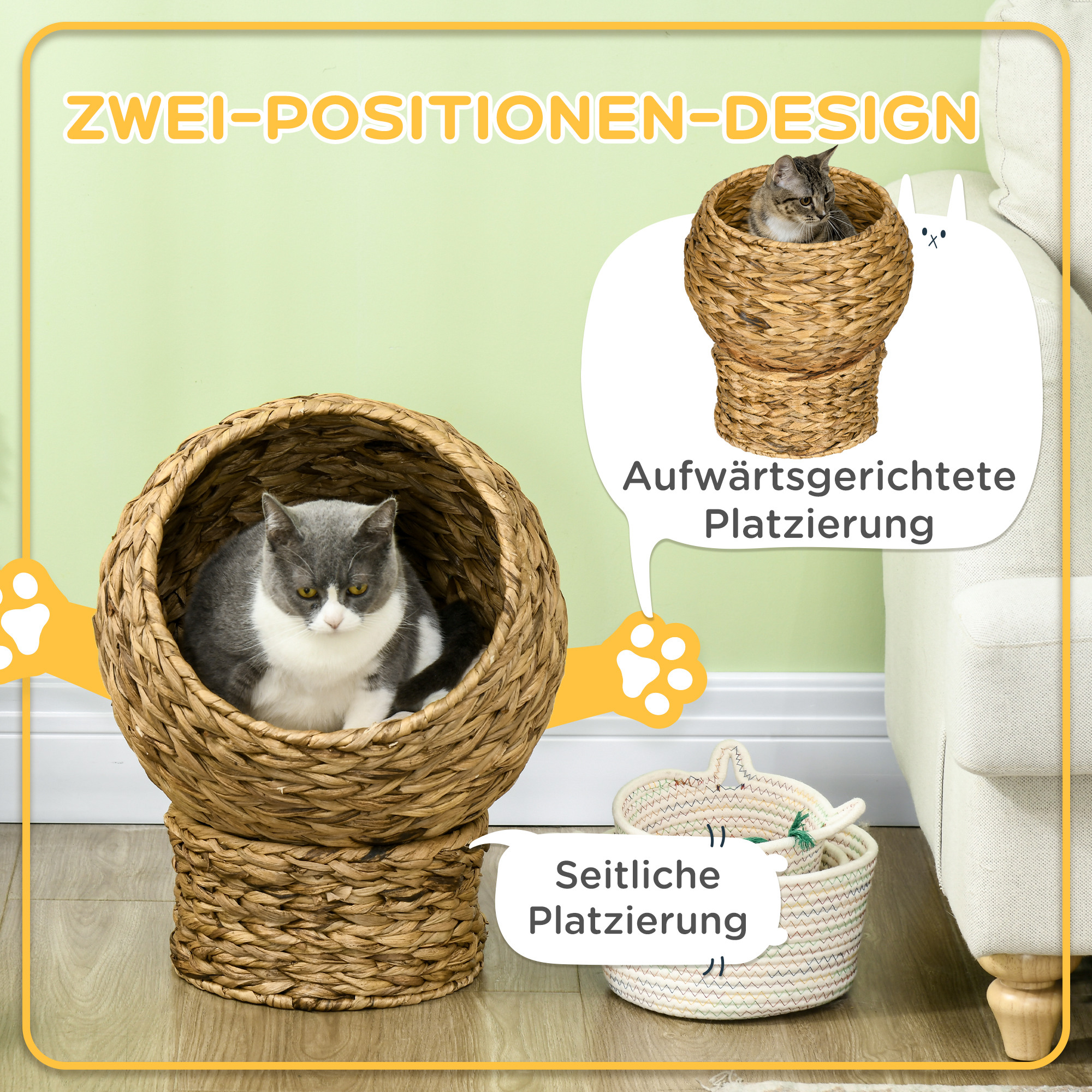 Rattan Katzenkorb Katzenhöhle Katzenhütte Katzenbett mit Kissen Haustierbett Wasserhyazinthe Braun 40 x 37 x 51 cm
