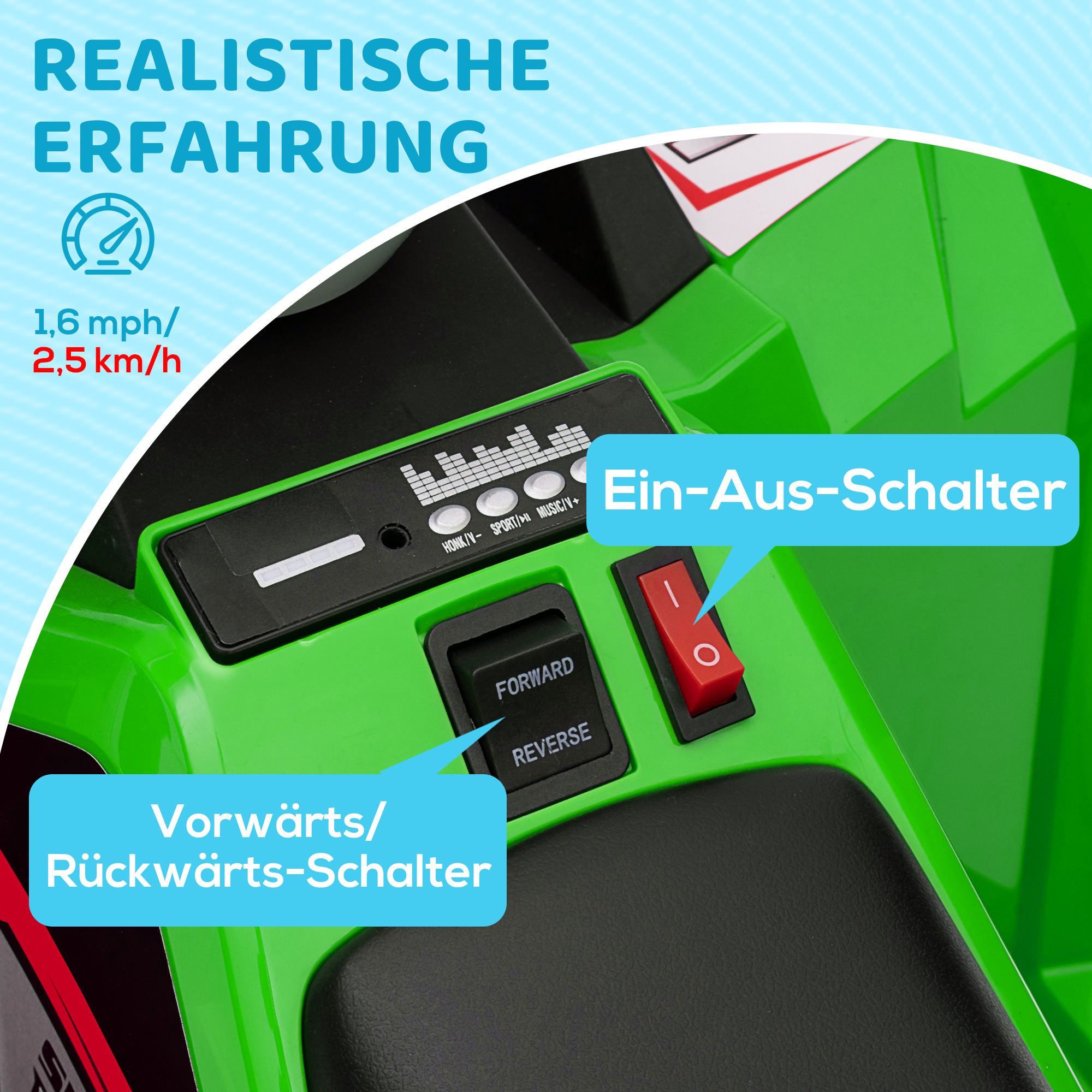 Elektro-Kinderquad, 2,5 km/h, Vorwärts- & Rückwärtsgang, für 18-36 Monate, Grün