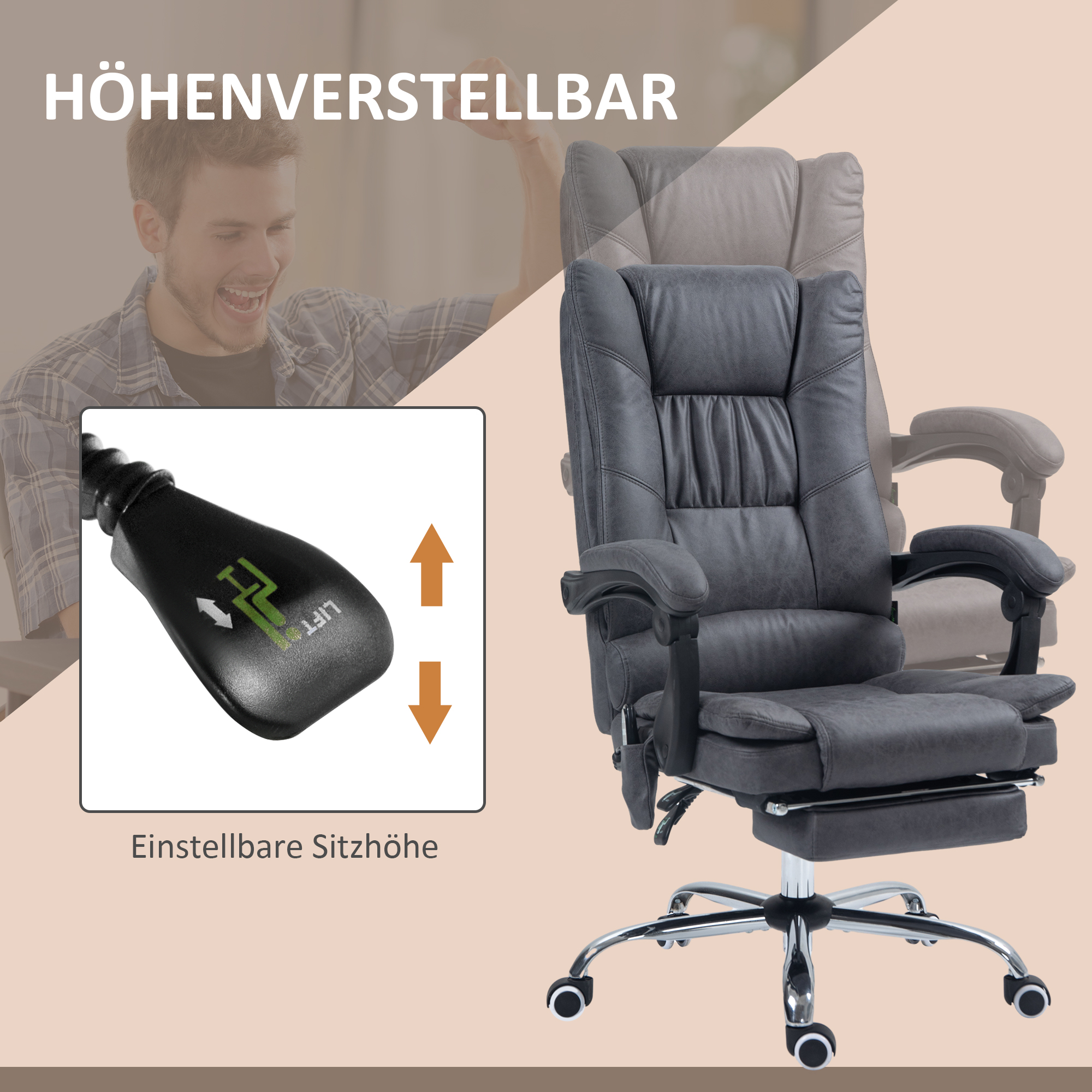 Massagstuhl Bürostuhl mit Massagefunktion, inkl. Fußstütze, höhenverstellbar, 64 cm x 70 cm x 118 cm, Schwarz