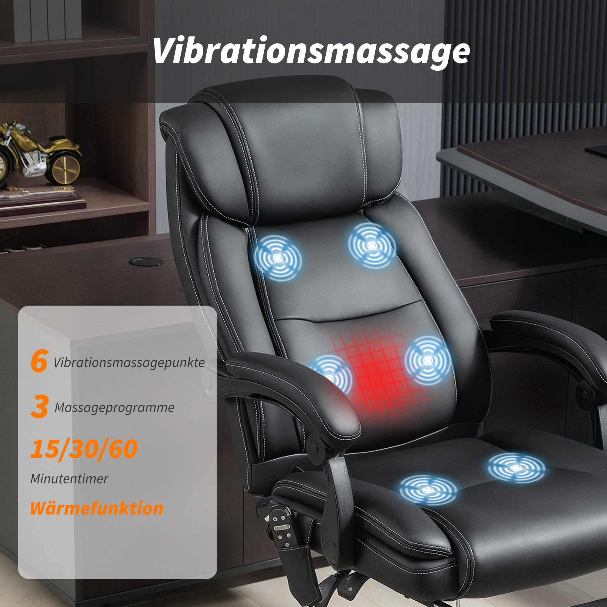 Bürostuhl Ergonomisch mit Massagefunktion Schreibtischstuhl mit Fußstütze, Kunstleder Schwarz