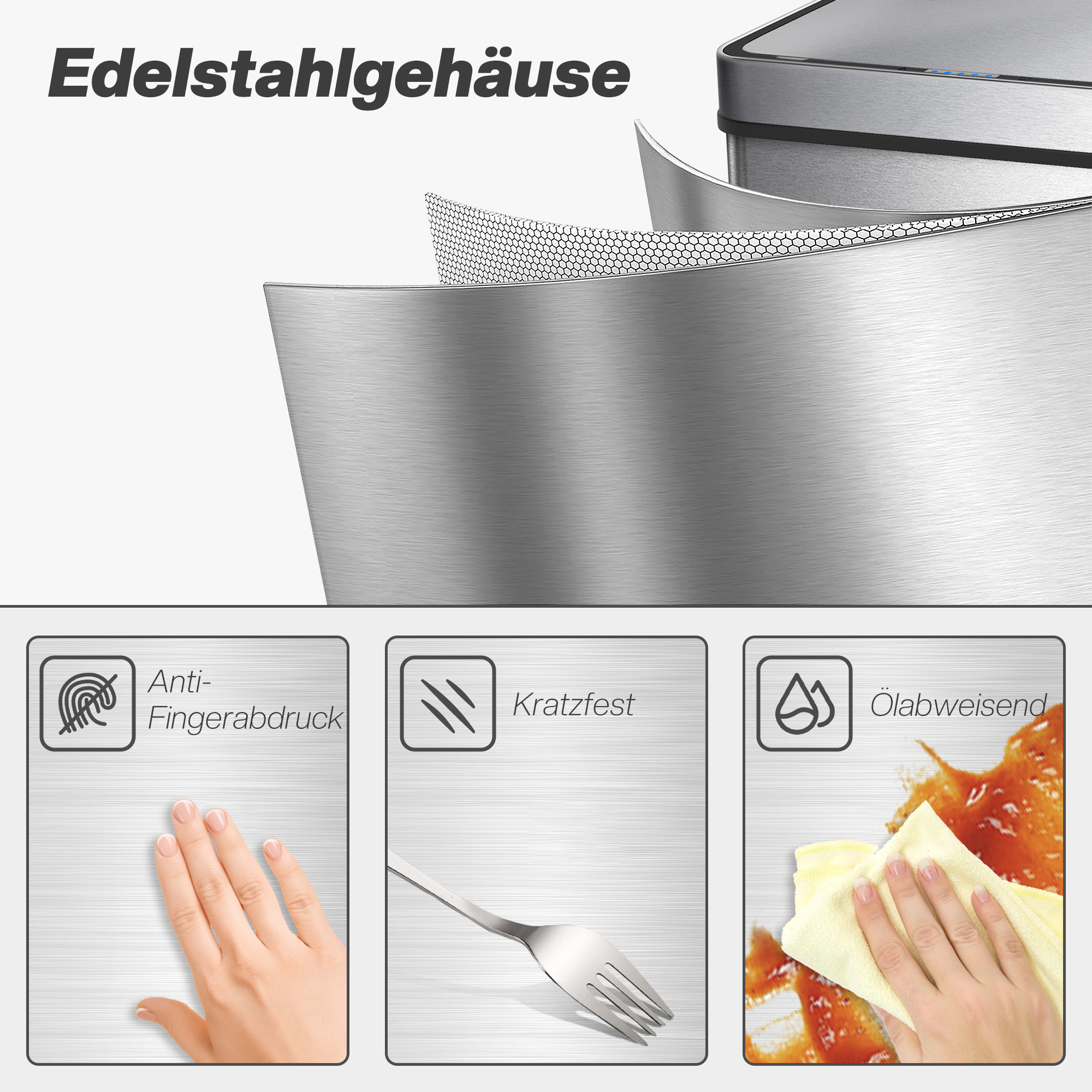 50 L Sensor-Mülleimer, automatischer Deckel, Edelstahl, vielseitig einsetzbar, Silberfarben