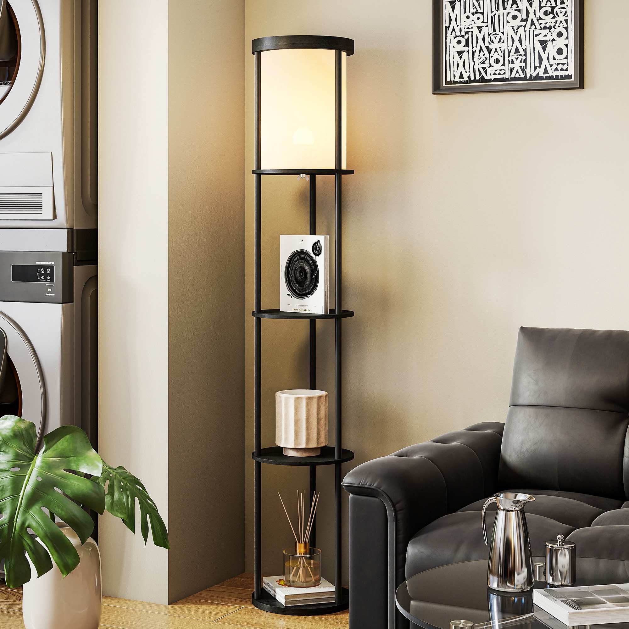 Stehlampe mit 3 Regalen, rundes Design, Fernbedienung, Fußschalter, verstellbare Lichtwärme, für Wohnzimmer, Schwarz