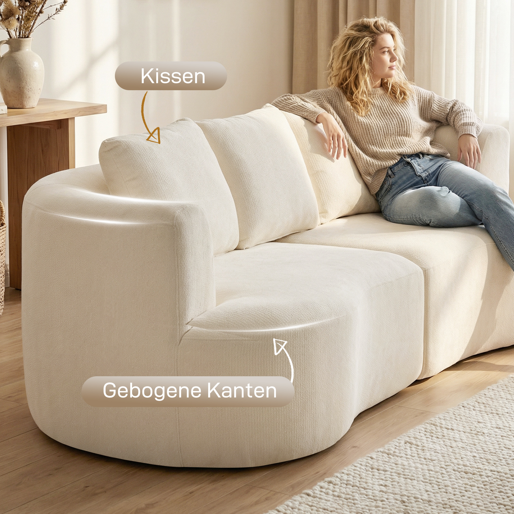3-Sitzer-Sofa, 260 cm Chenille-Sofa mit breiter Sitzfläche, Federkernpolsterung, hochdichtem Schaumstoff, 3 Kissen creme