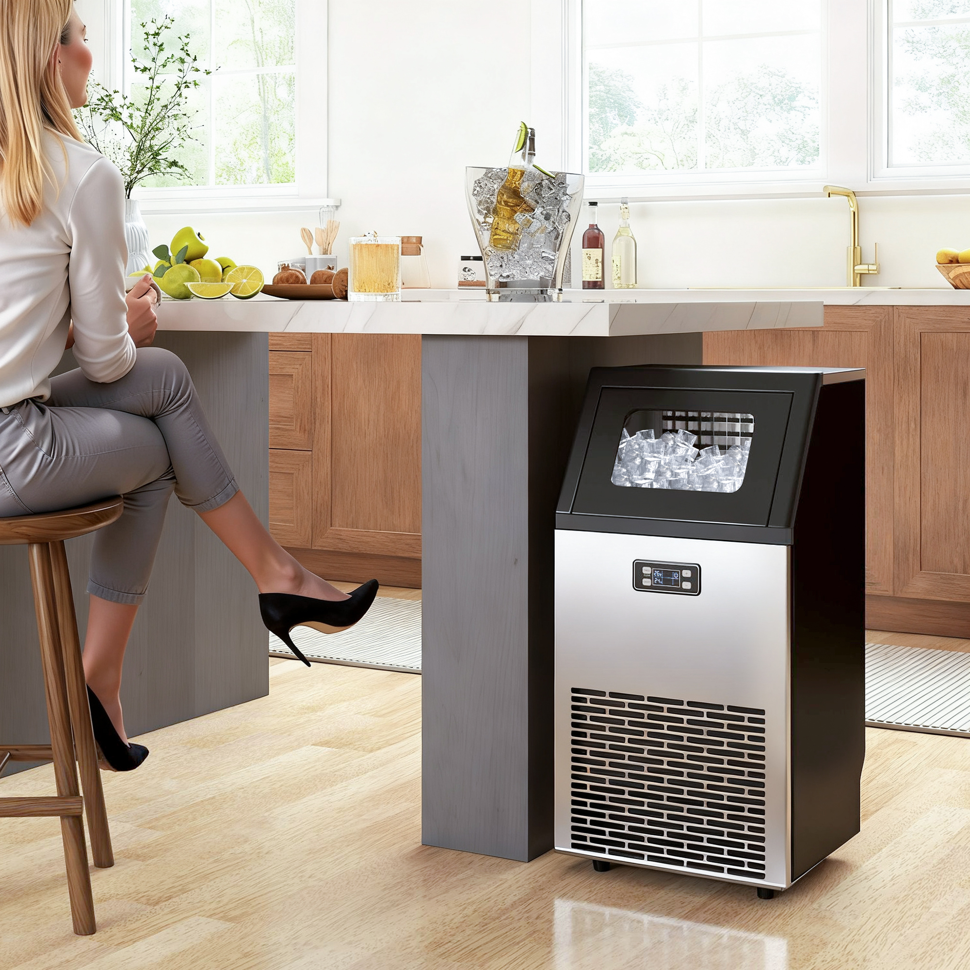 Eiswürfelmaschine 45 kg/24H Eismaschine mit 11 kg Speicher, LCD-Anzeige für Restaurant