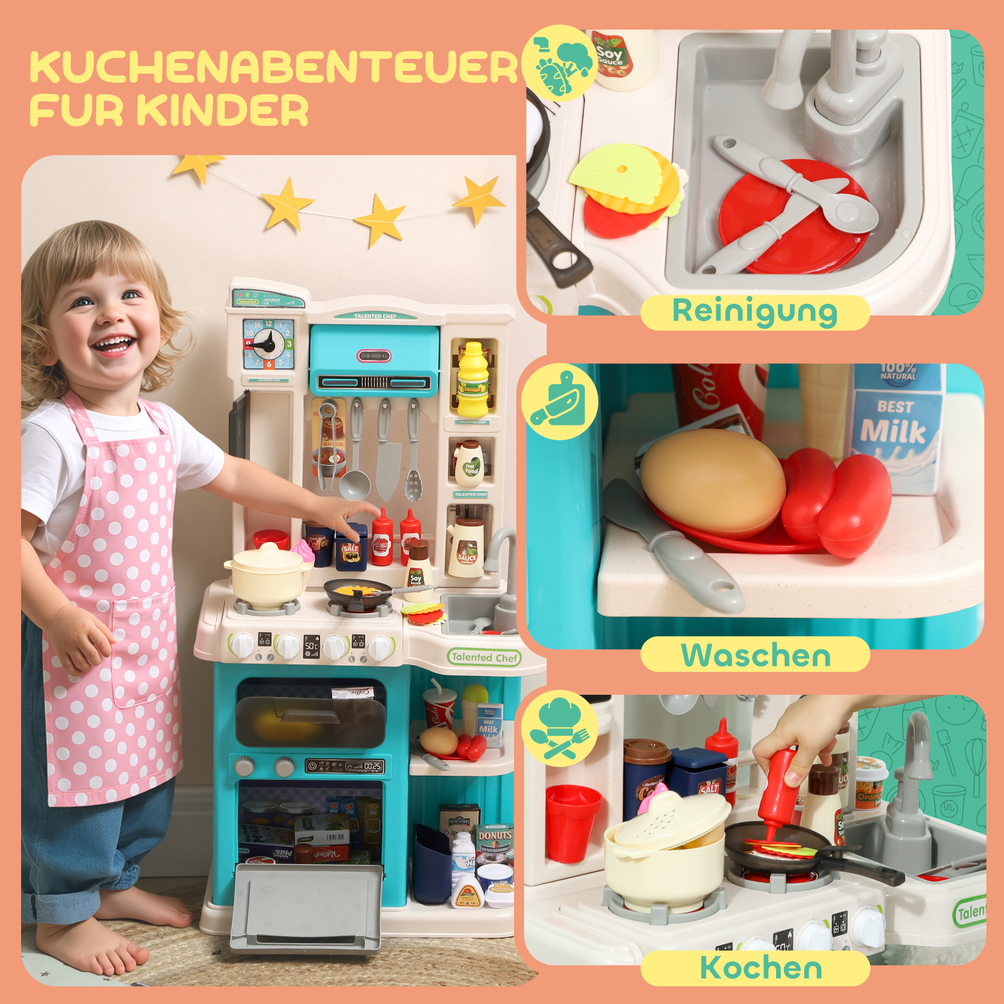 92-teiliges Küchenset für Kinder, Wasserhahn, Kunststoff, 3-6 Jahre, Grün