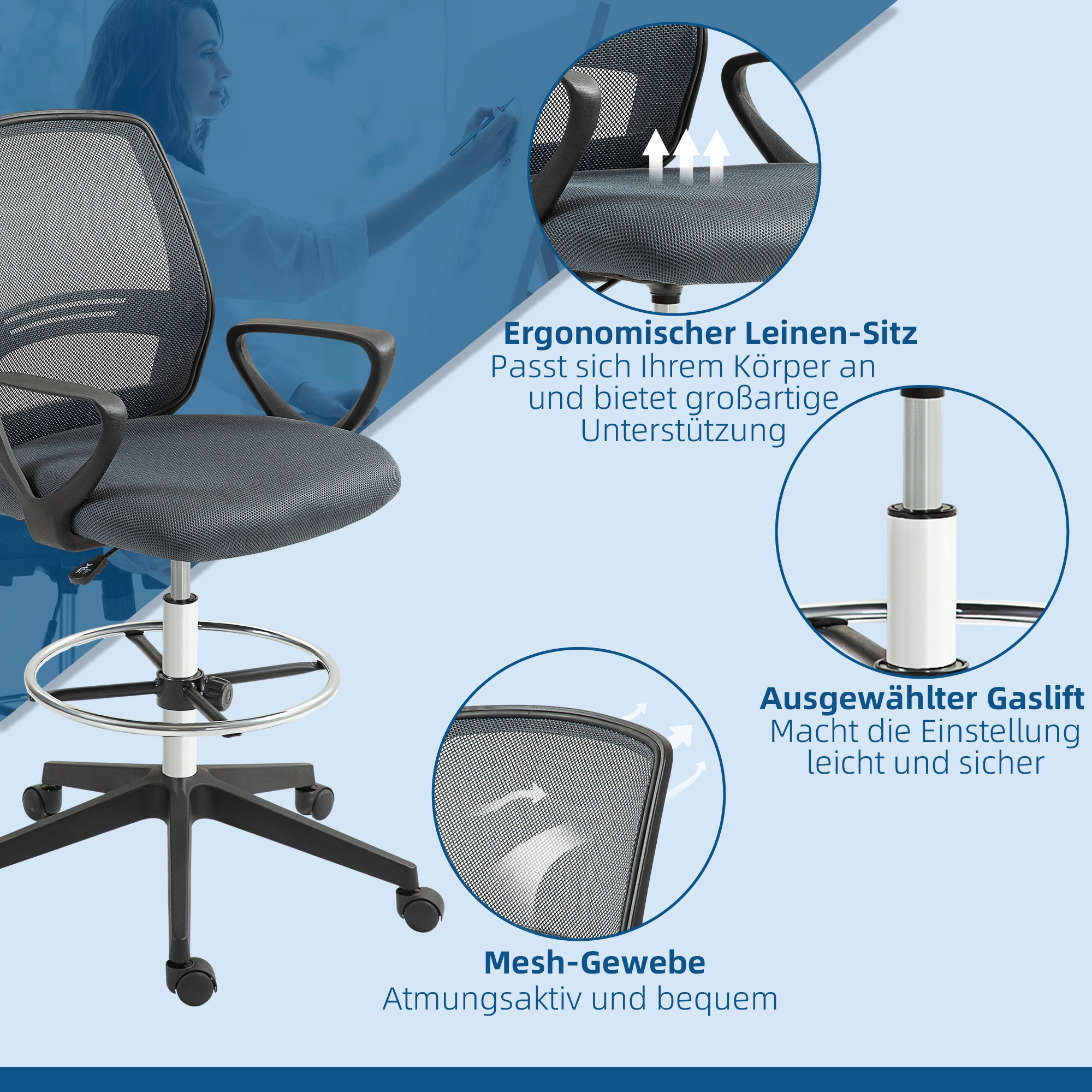 Bürostuhl Ergonomischer Schreibtischstuhl mit Armlehnen und Verstellbarer Fußring Netzbespannung Grau