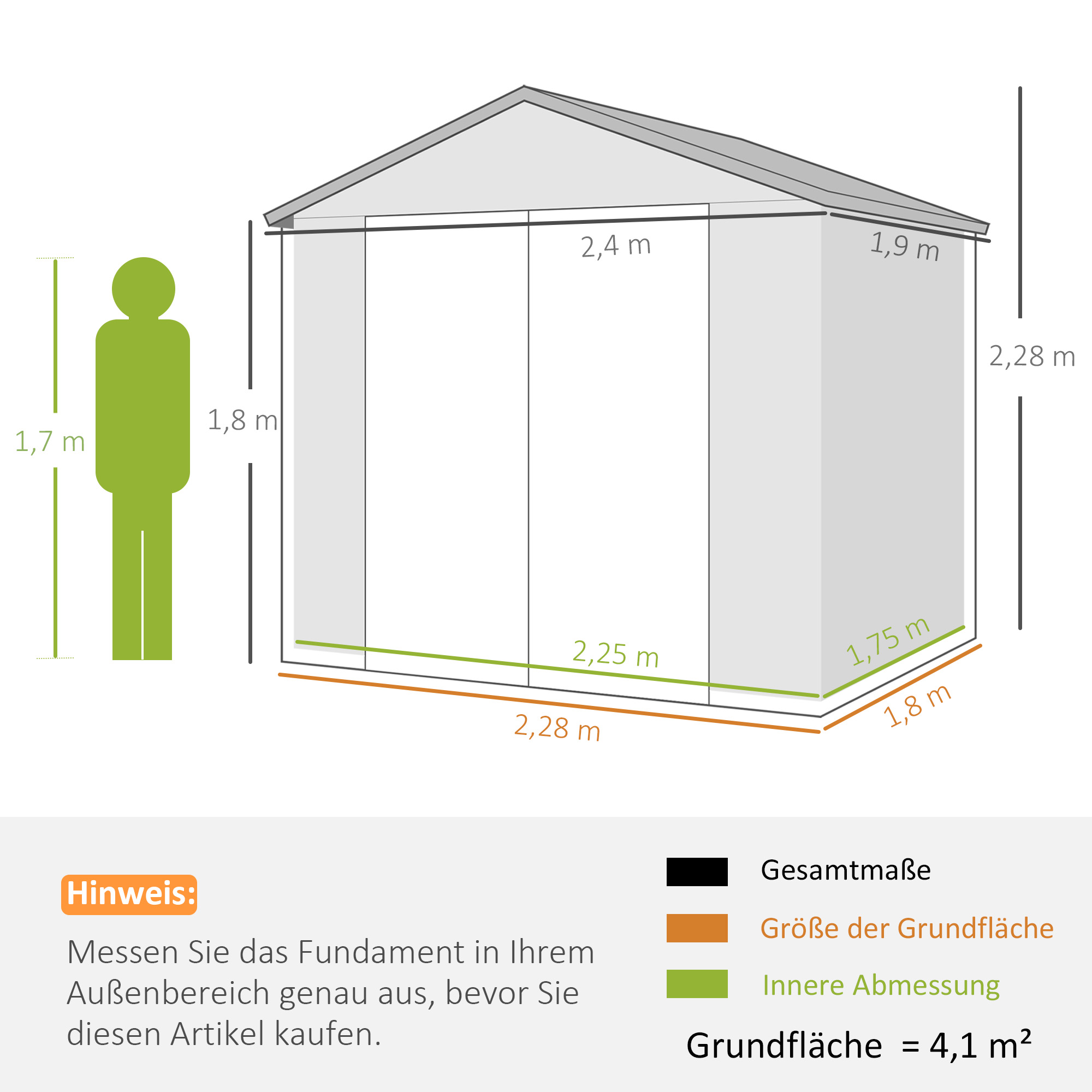 Gerätehaus, Gartenhaus, Geräteschuppen mit Lüftungsfenster, Kunststoff, Metall, 240 x 190 x 180/228, Grau