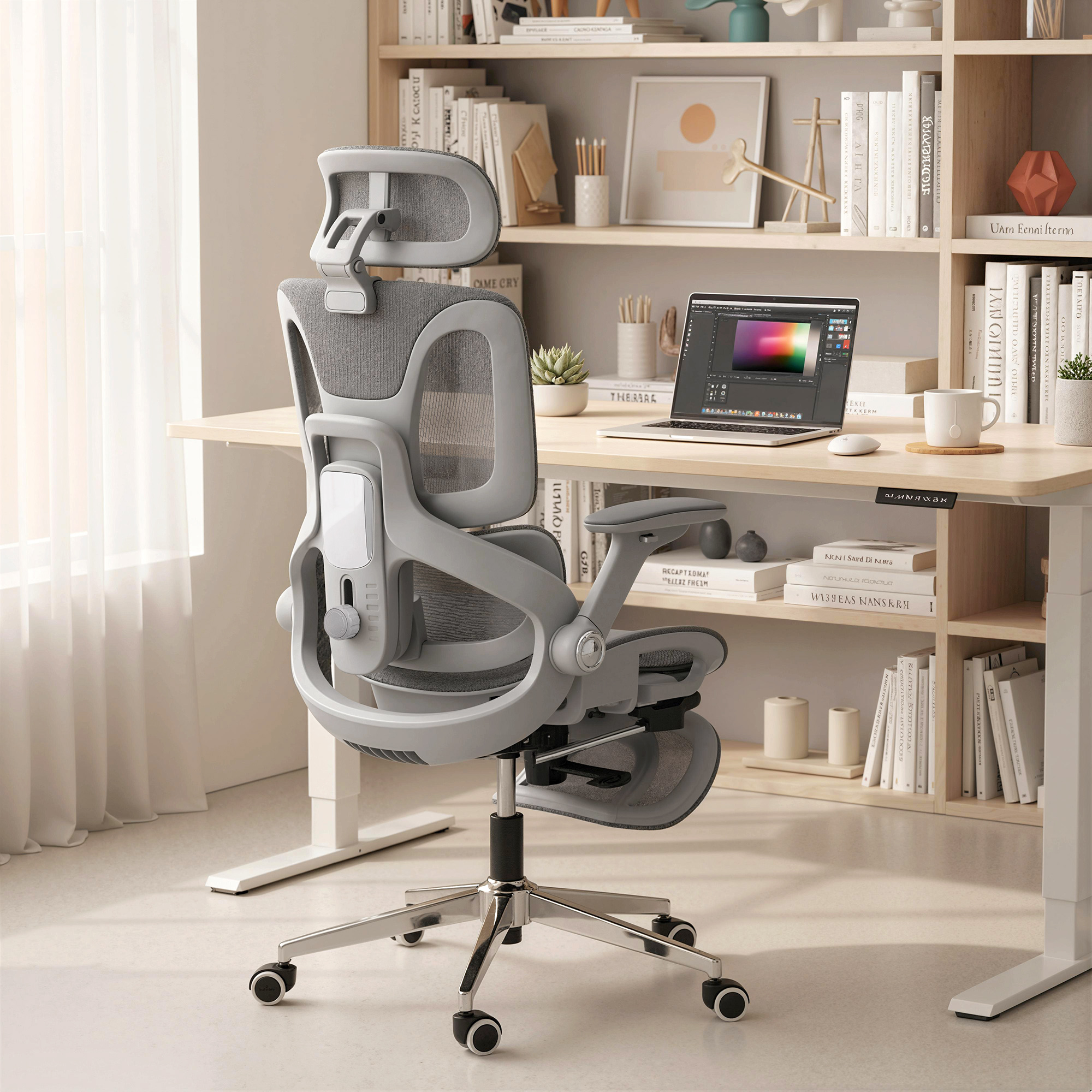 Ergonomischer Bürostuhl, Mesh-Computersessel mit separatem Rücken, Lendenstütze, 4D klappbare Armlehnen, Grau