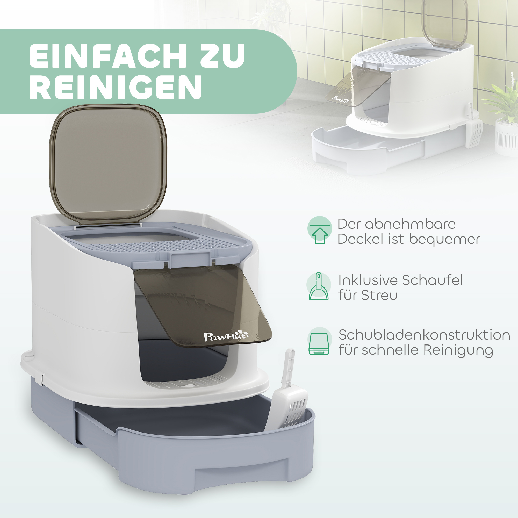 Katzenklo mit Deckel Obenliegender Eingang Schaufel ausziehbares Tablett für Katzen bis 4,5 kg, 40,5x52,5x42,5 cm Grau