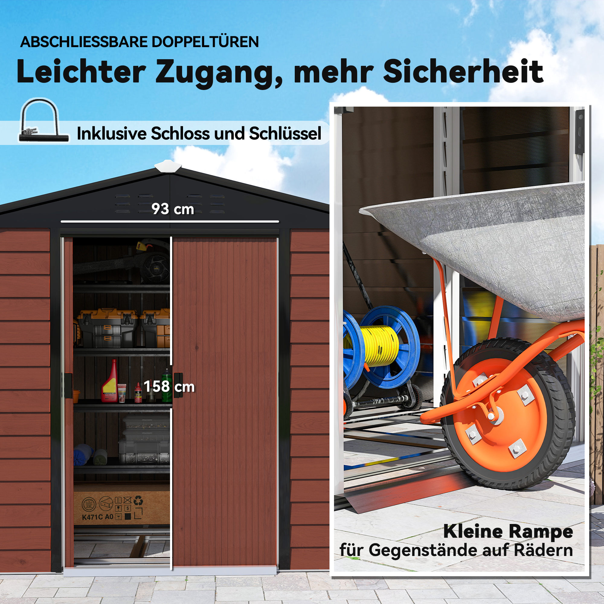 Geräteschuppen, aus Metall, wetterfest & rostfrei, abschließbar,  2,40 x 2,06 x 1,98 m, Teak