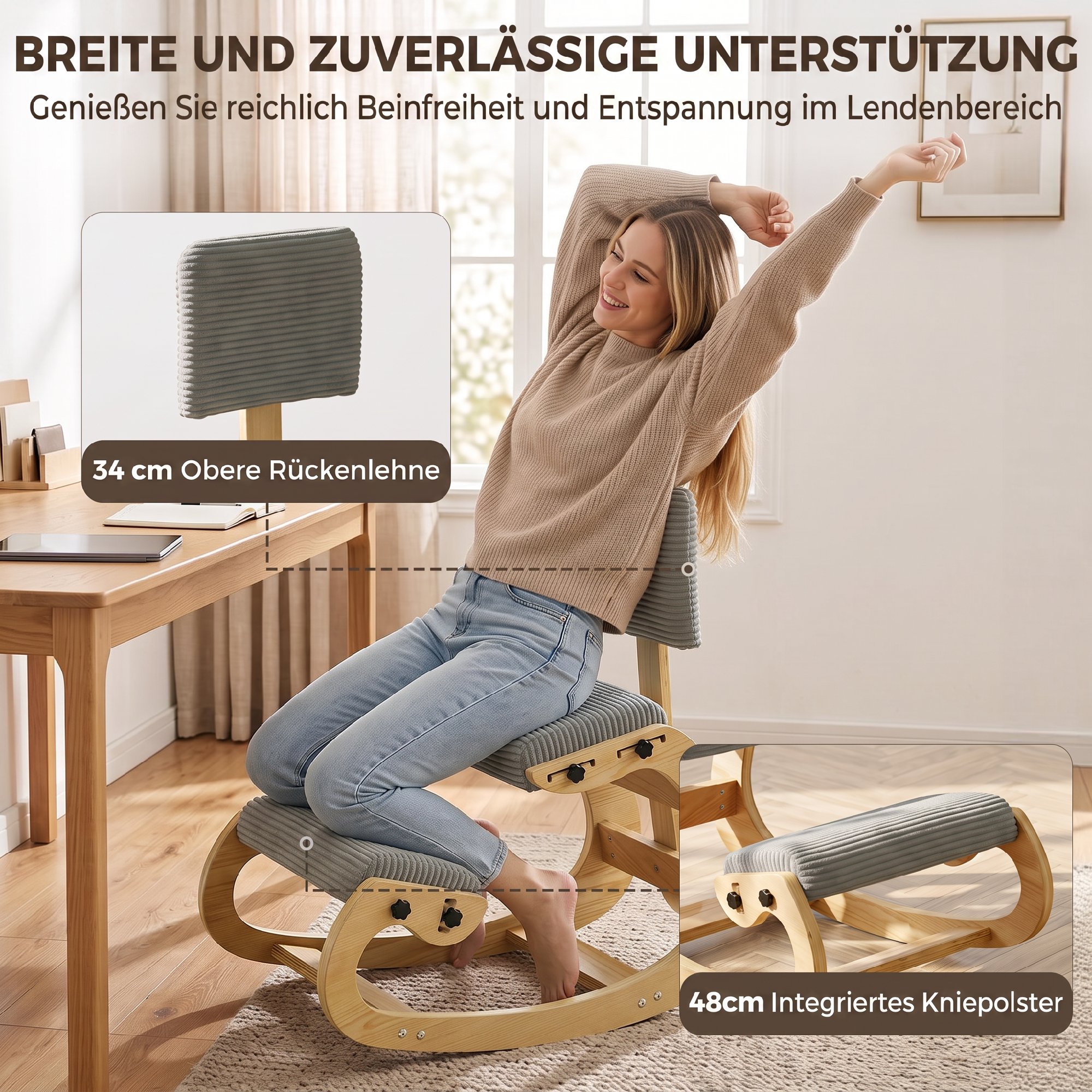 Ergonomischer Kniestuhl, Kniehocker mit Rückenlehne, Cord-Optik, Bürostuhl für Zuhause, Büro, Meditation, Dunkelgrau
