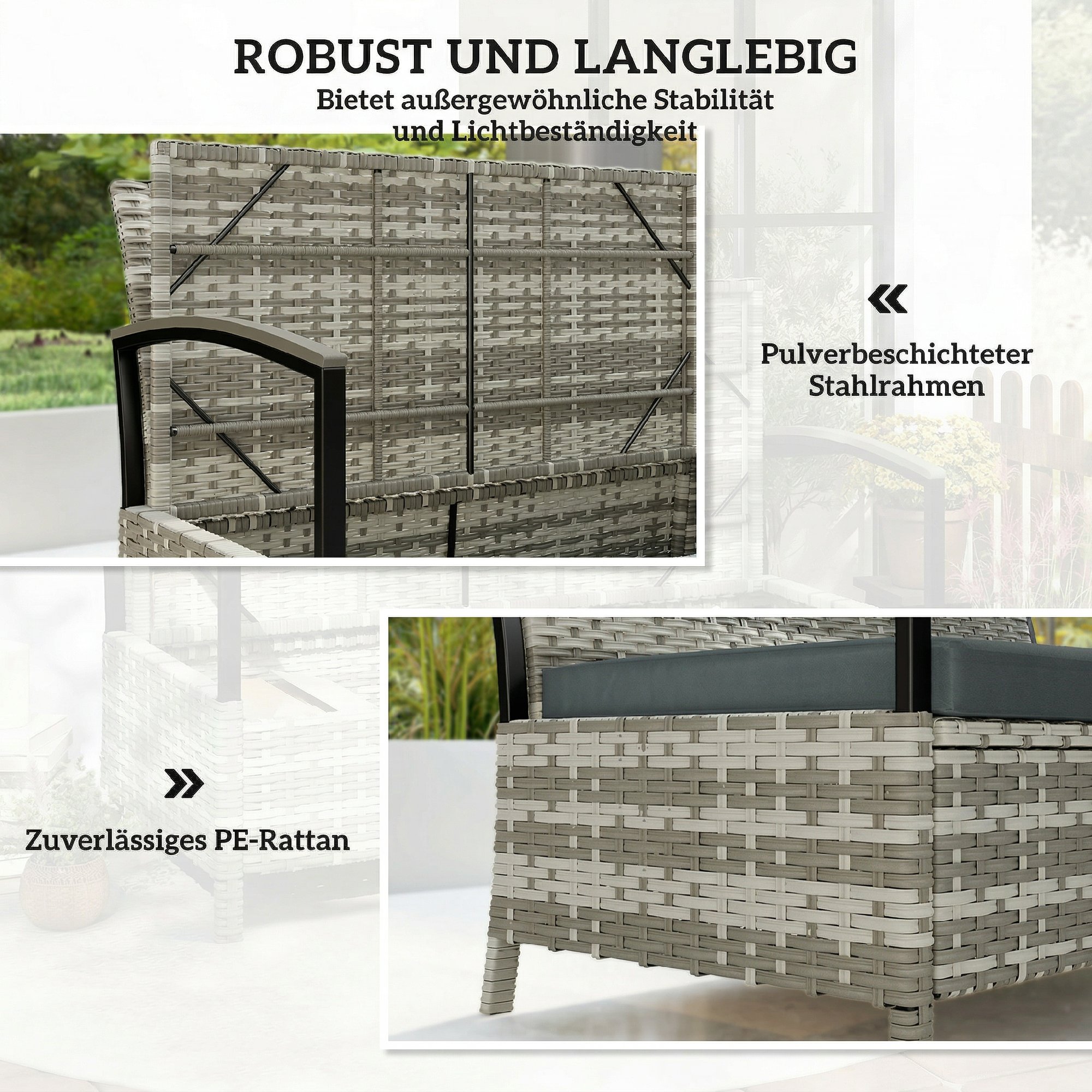 Gartenbank mit Stauraum 2-Sitzer Sitzbank mit Kissen Haltegriffen 125L Poly Rattan 123 x 70 x 82 cm Dunkelgrau