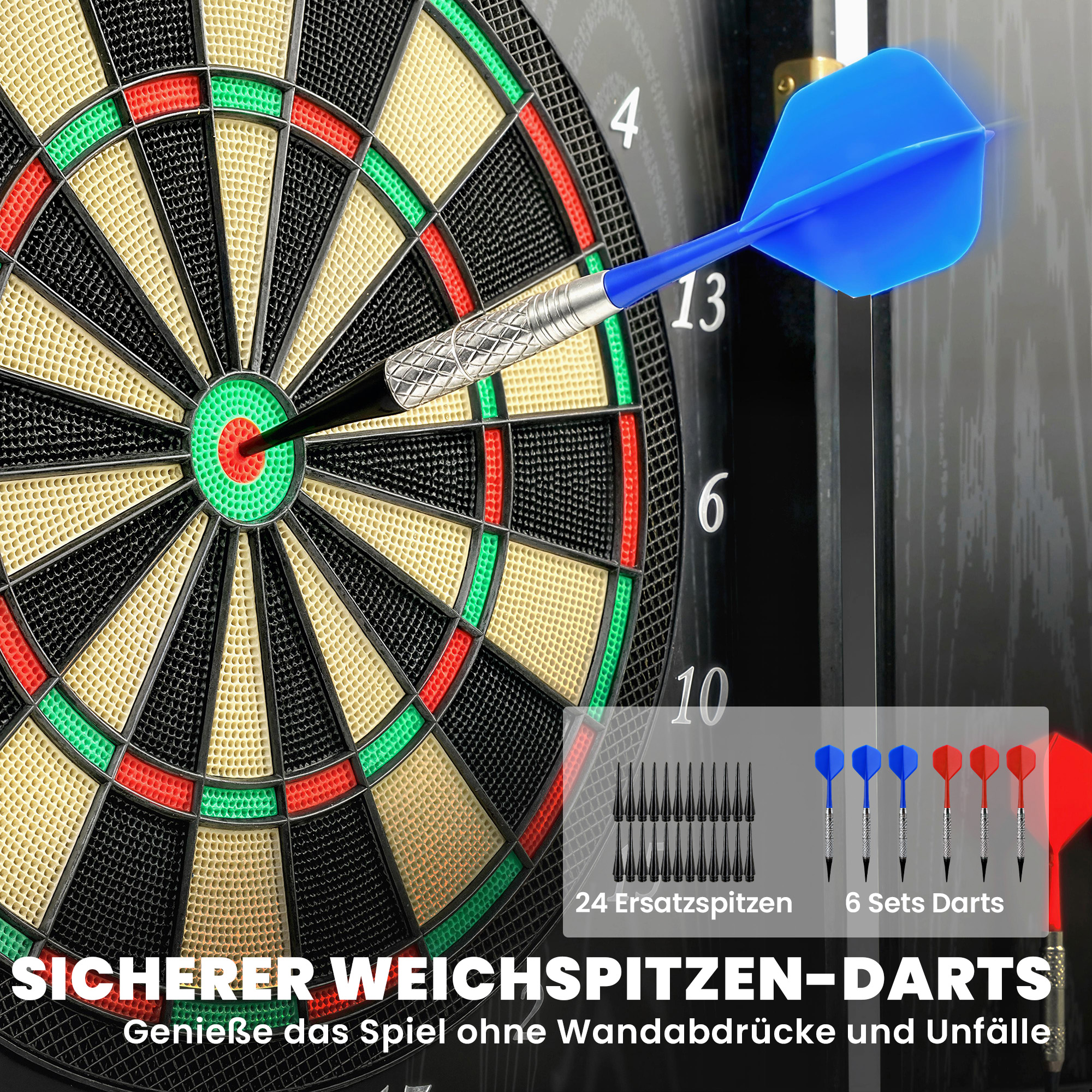 elektronische Dartscheibe, E-Dartboard mit Türen, Holzoptik, LED-Anzeige, Sprachansagen, 6 Dartpfeile, 24 Ersatzspitzen