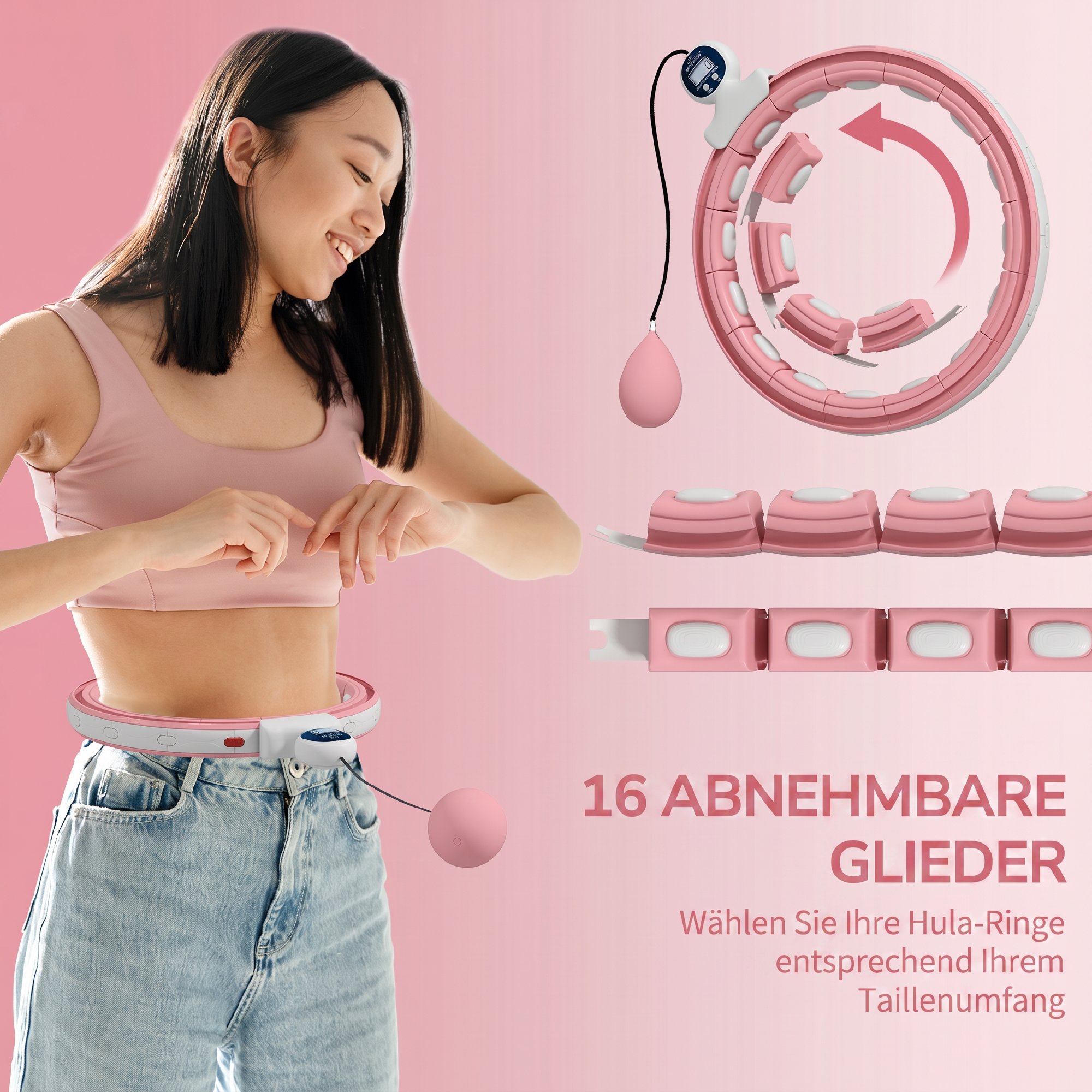 Smart Hula Hoop Reifen Erwachsene mit Gewicht Kugel Zähler 16 Knoten (76-113cm) Rosa