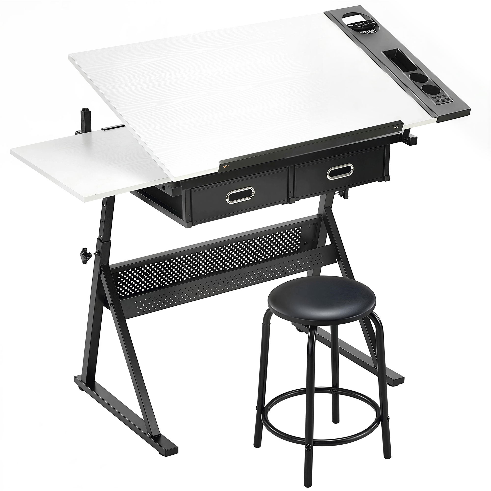 höhenverstellbarer Zeichentisch, Arbeitstisch mit Hocker und Schubladen, Weiß