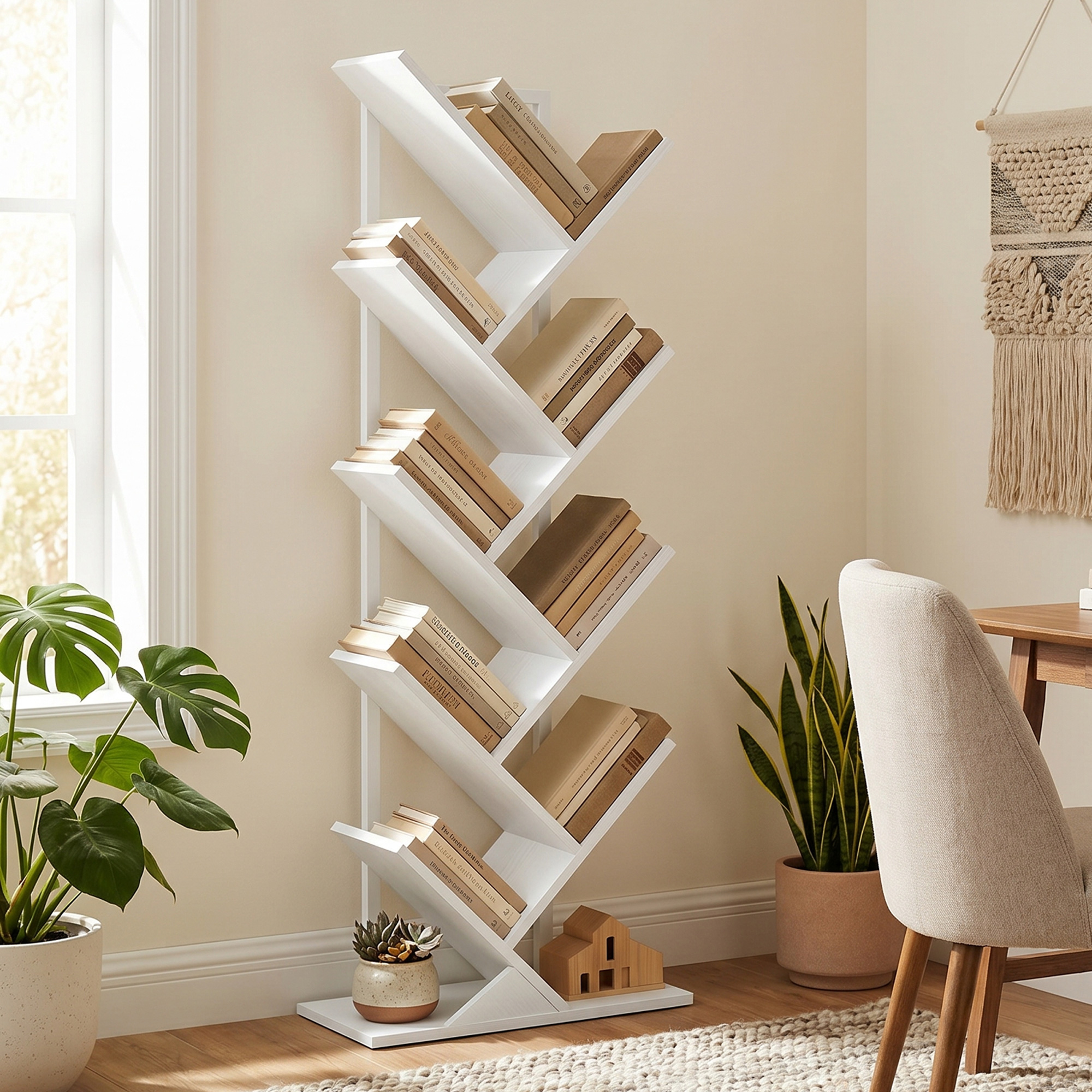 9-stufiges Baum-Bücherregal, freistehendes industrielles Bücherregal mit Stahlrahmen, Aufbewahrungseinheit für CDs, DVDs, Weiß