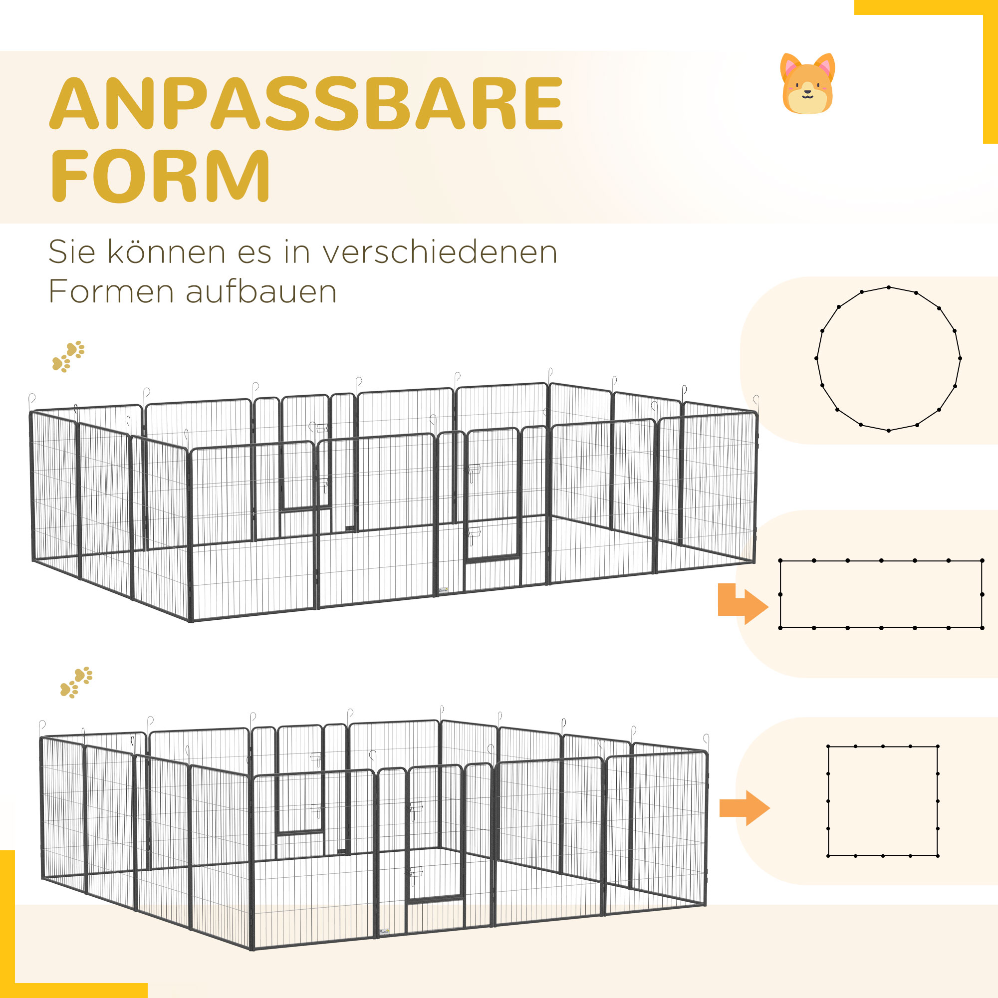Welpenauslauf, modulares Design, 16 Elemente, 2 Türen, wetterfest, Stahl, 3,2 x 3,2 x 1 m, grau