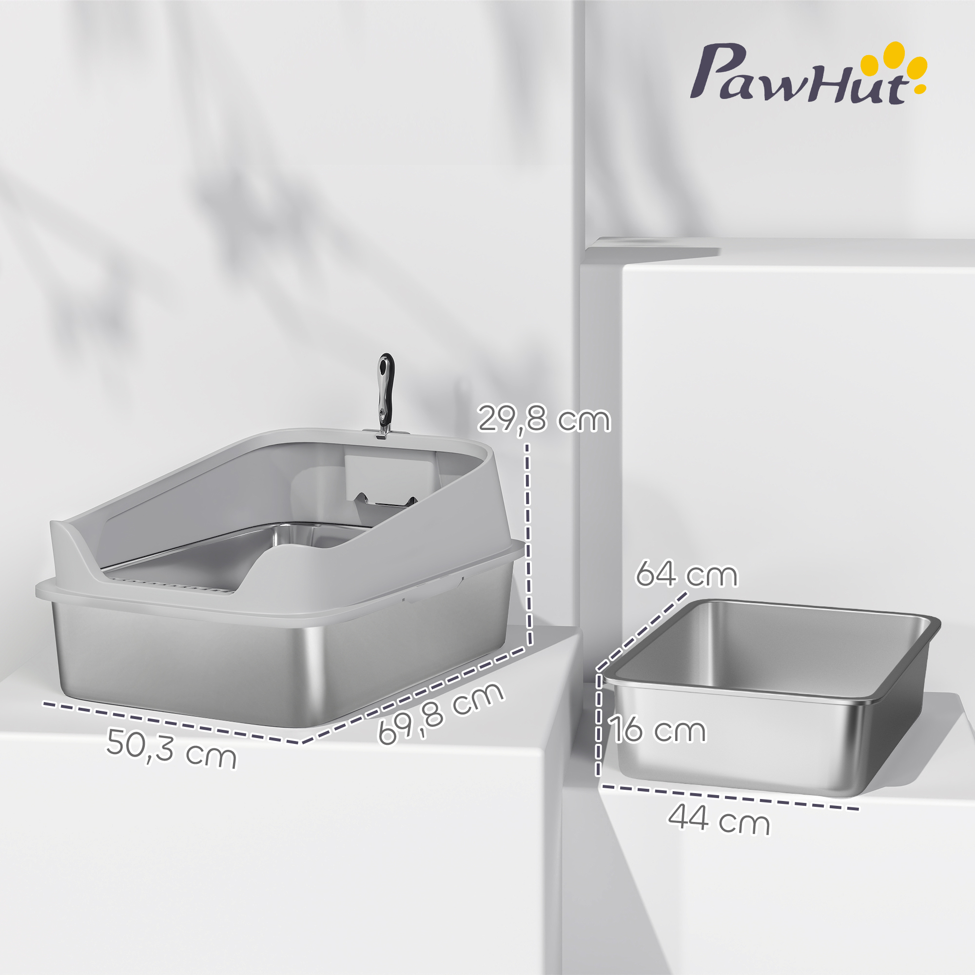 Katzentoilette Edelstahl Offene Katzenklo mit Schaufel hohem Rand für große Katzen bis 12 kg 69,8 x 50,3 x 29,8 cm Grau