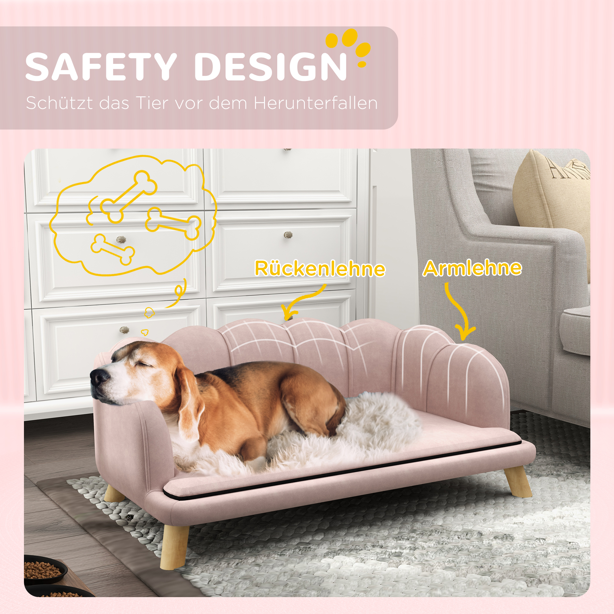 Haustiersofa für mittelgroße und große Hunde bis 25 kg, robustes Holz, gepolstert, Rosa