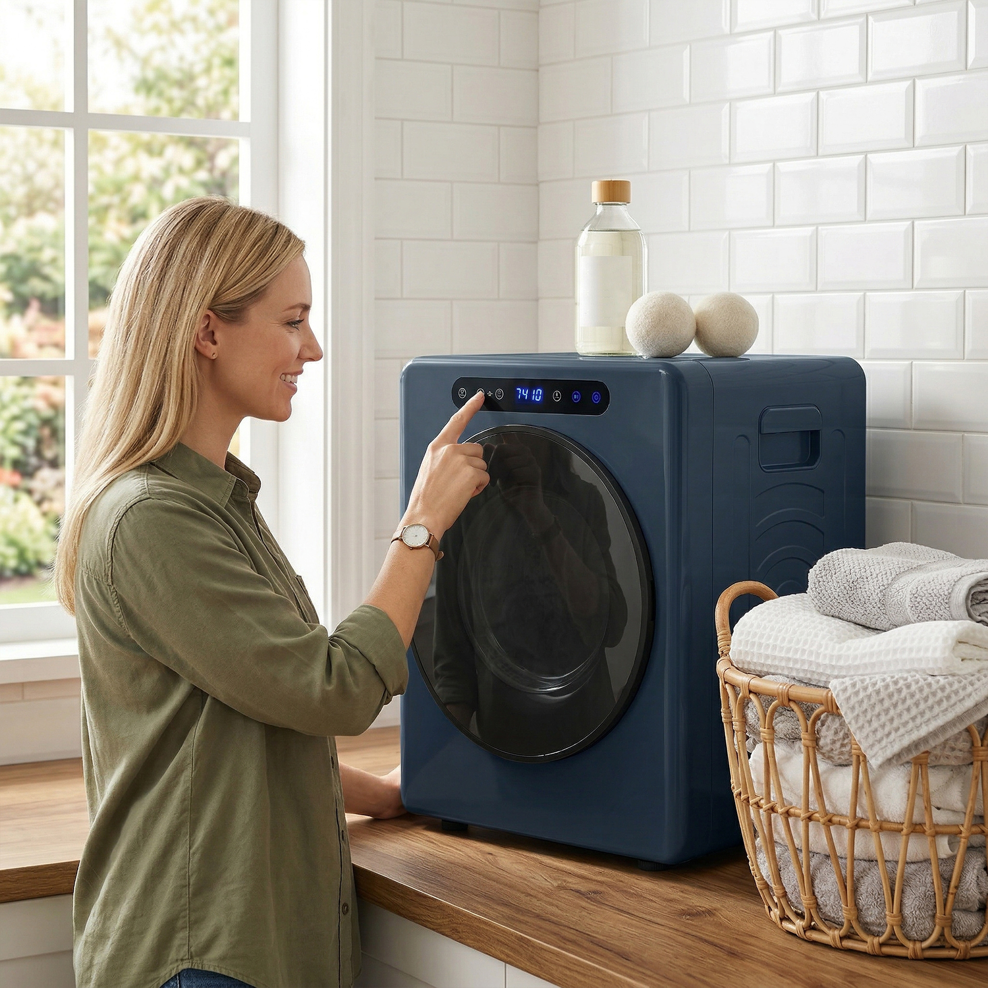 5kg Ablufttrockner, 1000W Kompakter freistehender Frontlader-Wäschetrockner mit Edelstahltrommel, Timer, Blau