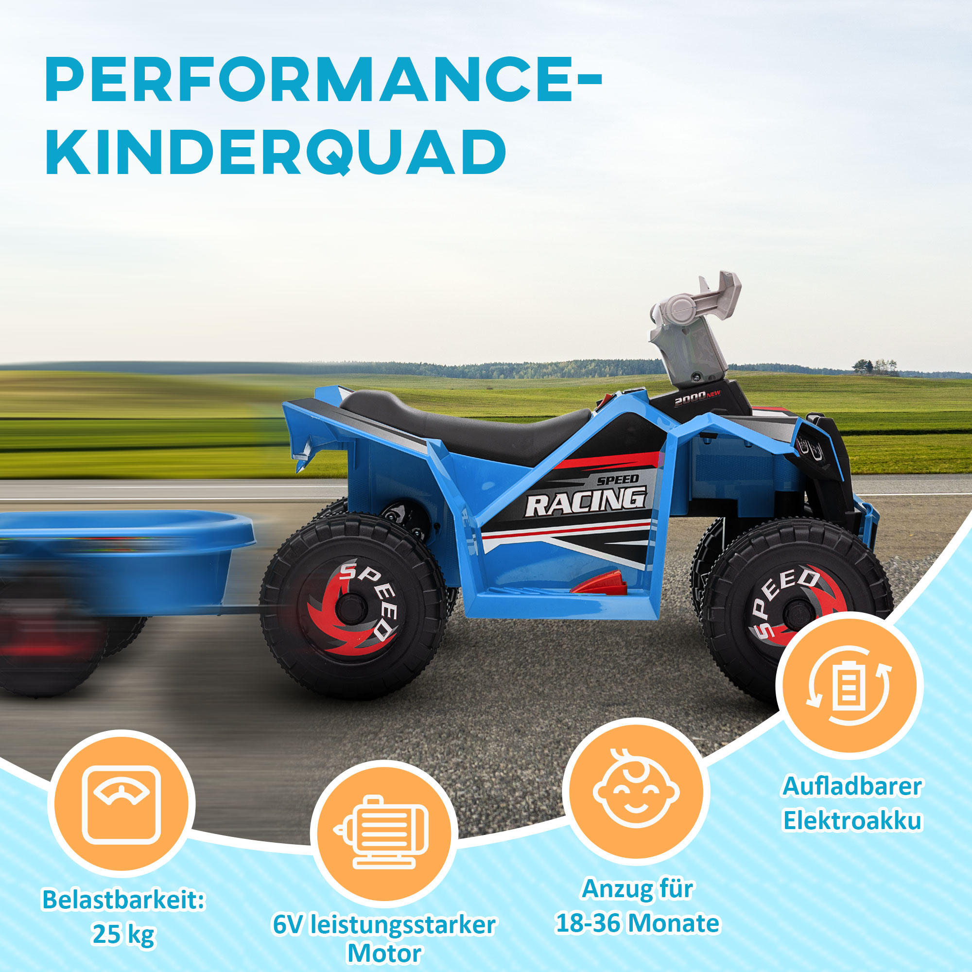 Kinderquad, aufladbar, 2,5 km/h, mit Anhänger, 50 Min, Fahrzeit, für Kinder 1,5 bis 3 Jahre, Blau