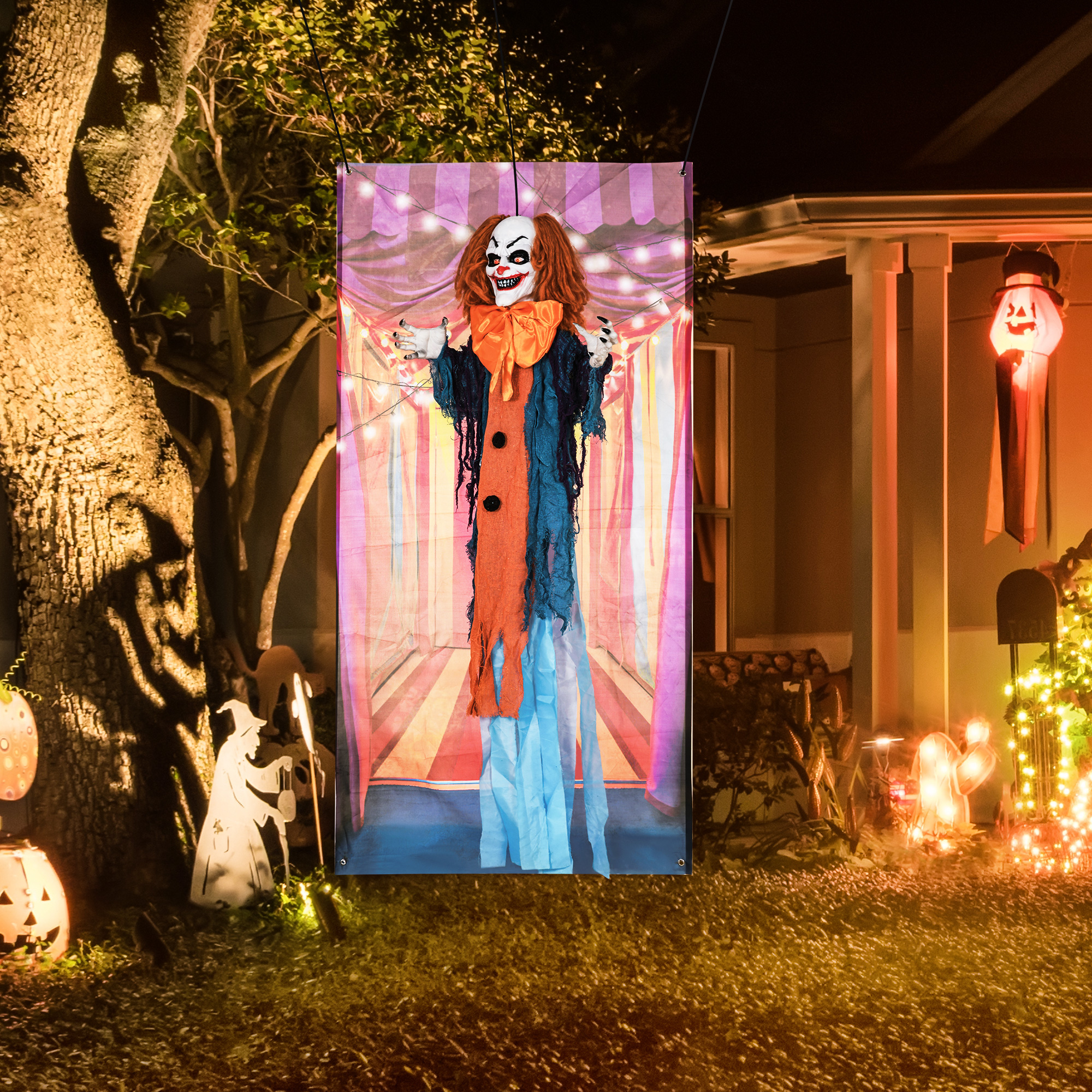 Horrorclown, Helloweendeko, aktiviert mit Geräusche/Berührung, rote Augen, Sound, 168 cm Horrorclown, Helloweendeko, aktiviert mit Geräusche/Berührung, rote Augen, Sound, 168 cm