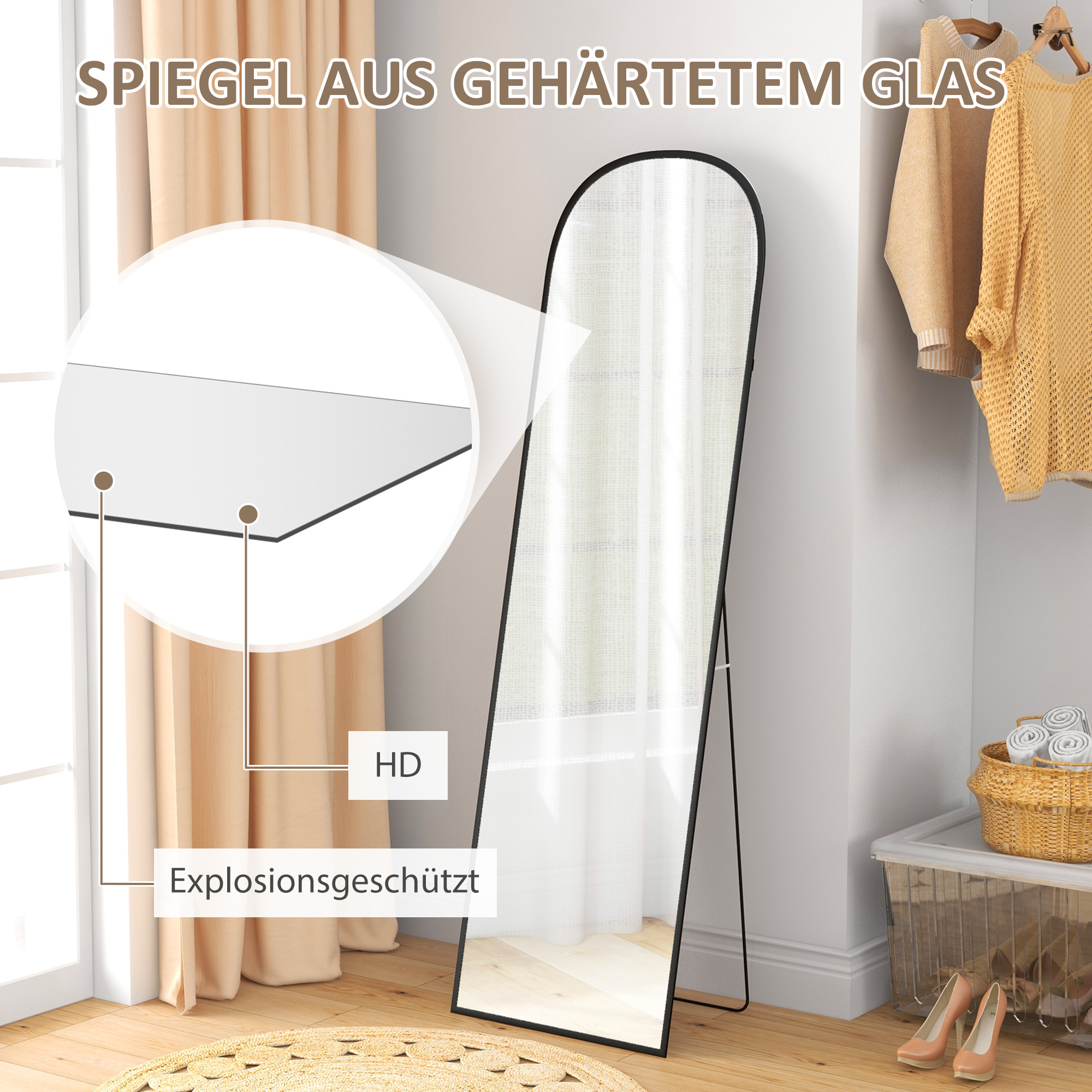 Standspiegel, Ganzkörperspiegel, modernes Design, 50 cm x 1,5 cm x 161,5 cm, Schwarz