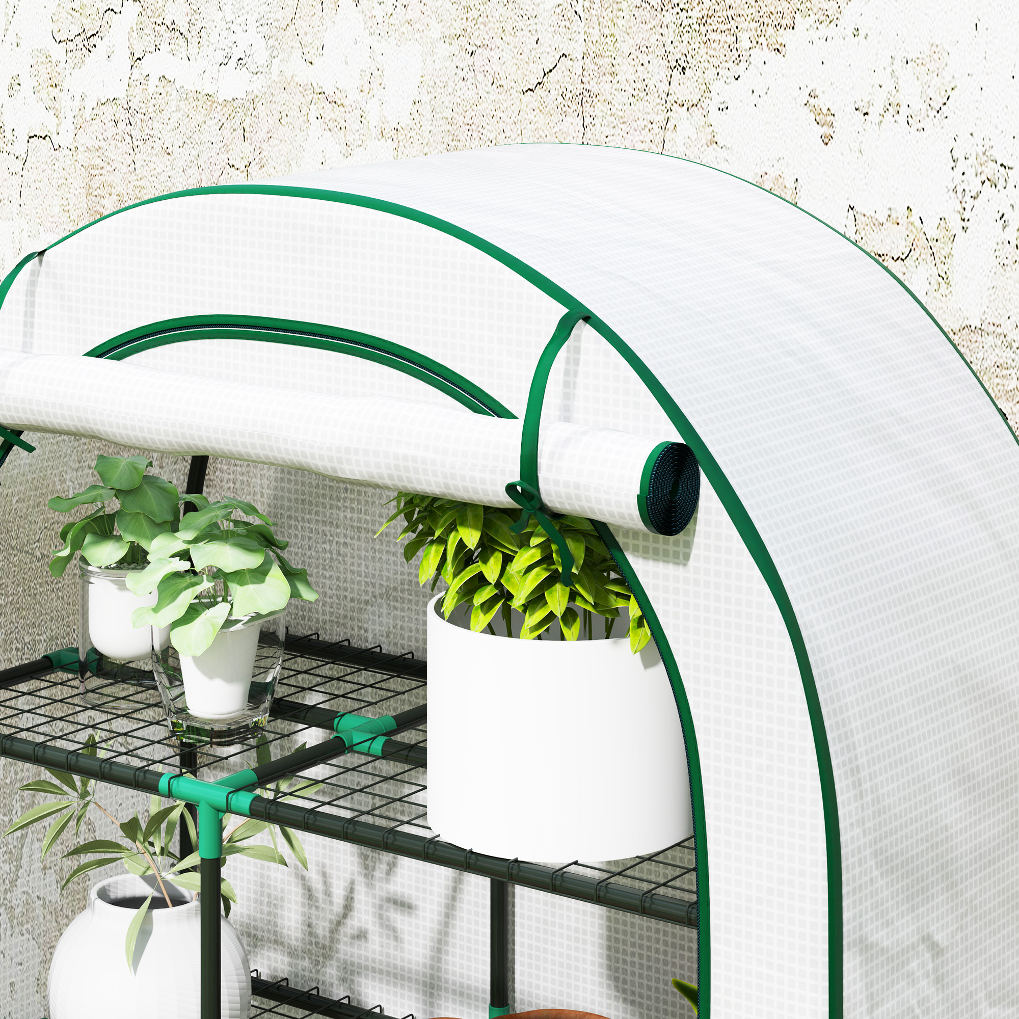 Mini-Gewächshaus, 4-stufiges Gewächshaus mit Kunststoff-Plane, tragbar, Rolltür, 100 x 45 x 160 cm, Weiß