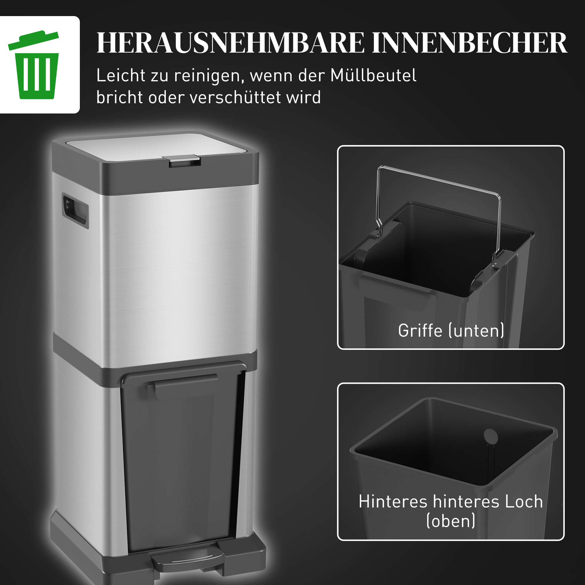 Mülleimer 20+14l Treteimer mit Deckel Fußpedal Kippfach herausnehmbare Inneneimer, Edelstahl 32,5 x 31,5 x 78 cm Silber