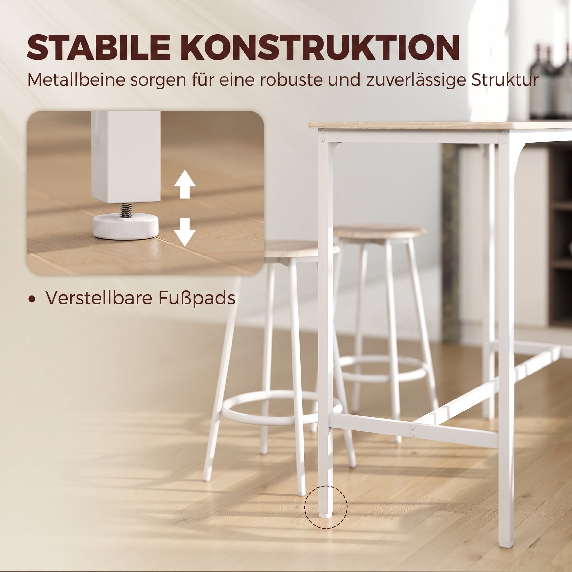 5-teiliges Bartisch-Set für 4 Personen, Industrieller Stehtisch mit Hockern für Küche & Esszimmer, Eiche