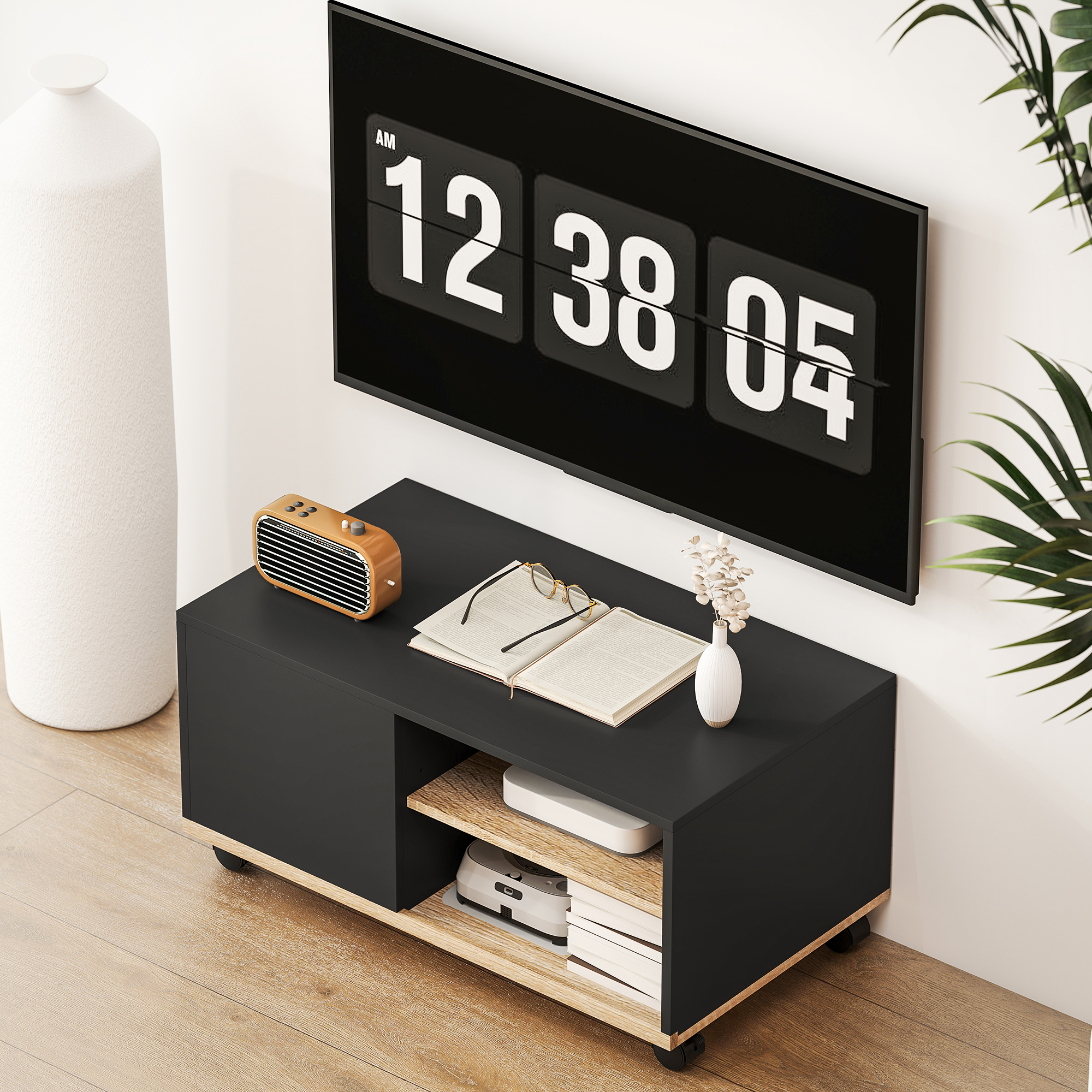 TV-Board auf Rollen mit Bremsen, TV-Möbel mit Schrank und verstellbarer Ablage, Schwarz und Eiche