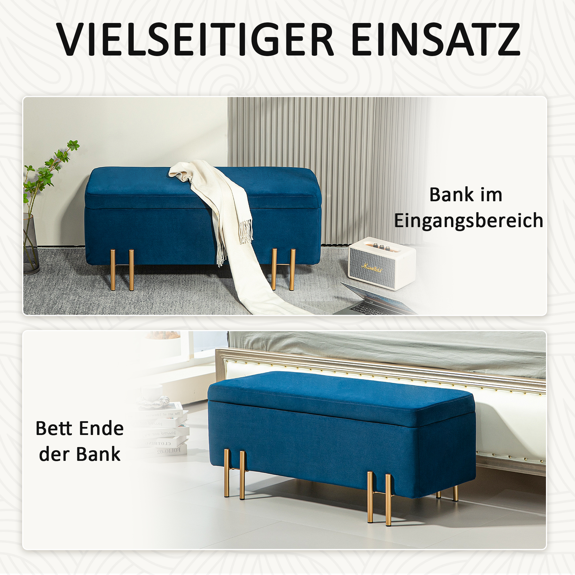 Sitzbank, Polsterbank mit Stauraum, Metall, Kautschukholz, Schaumstoff, 100 x 40 x 42 cm, Dunkelblau