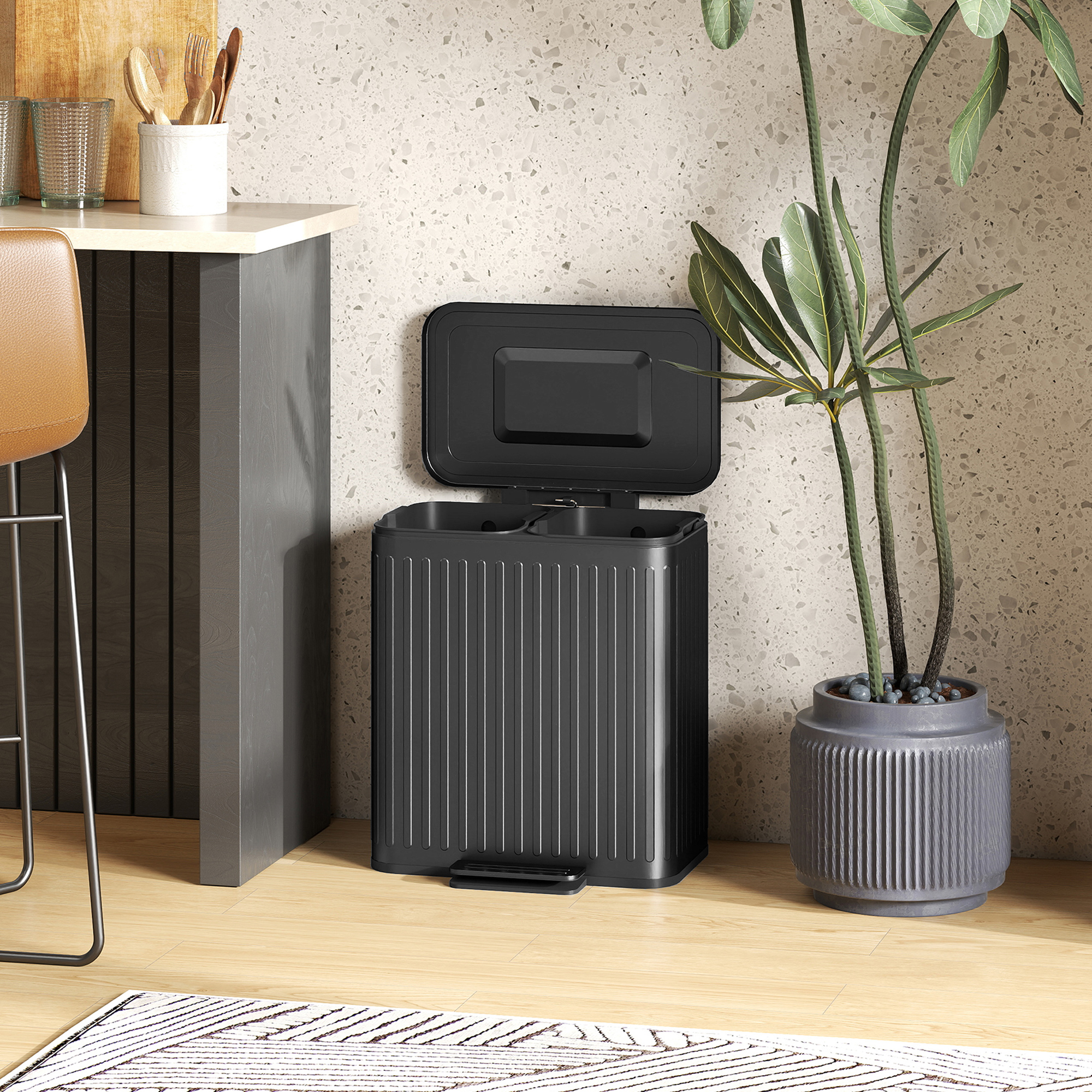 Küchenmülleimer, 2 x 20 L-Fächer, effiziente Mülltrennung, Fußpedal, Kunststoff, Metall, Schwarz