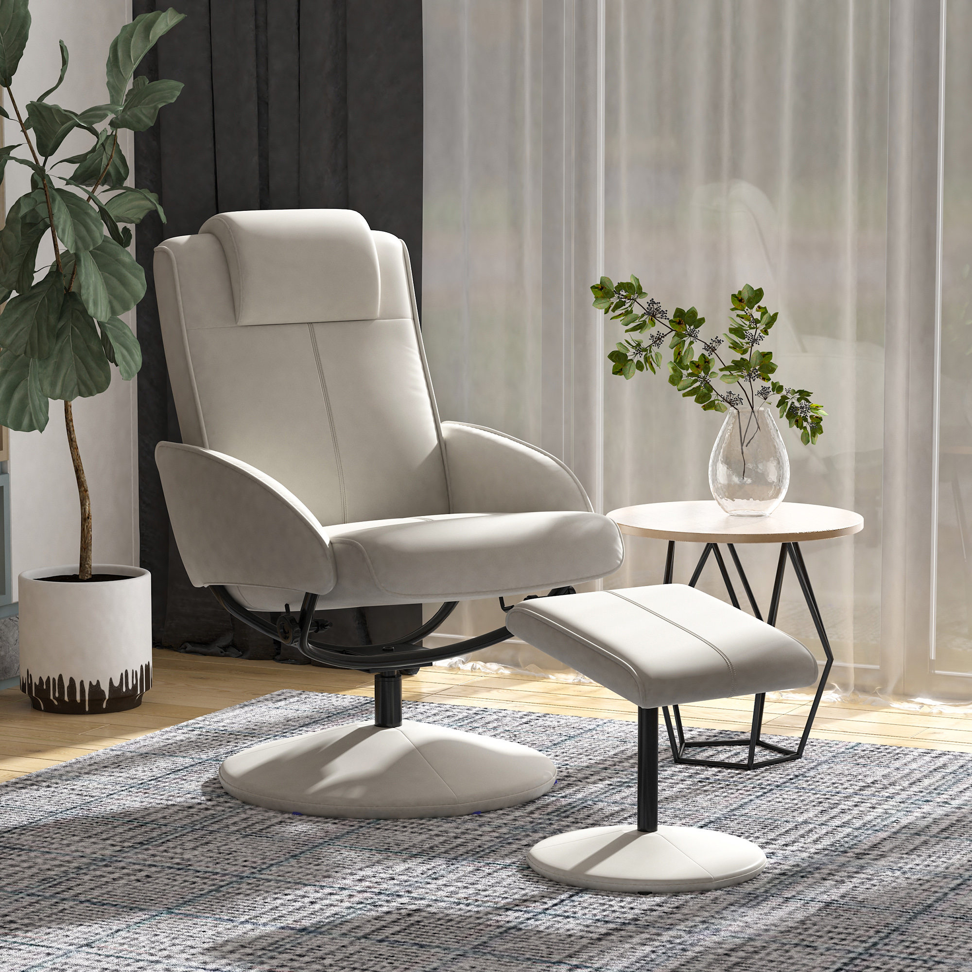 Relaxsessel mit Hocker, 360°drehbarer Fernsehsessel mit Liegefunktion, TV Sessel, Kunstleder, Lesesessel für Wohnzimmer, Schlafzimmer, Grau