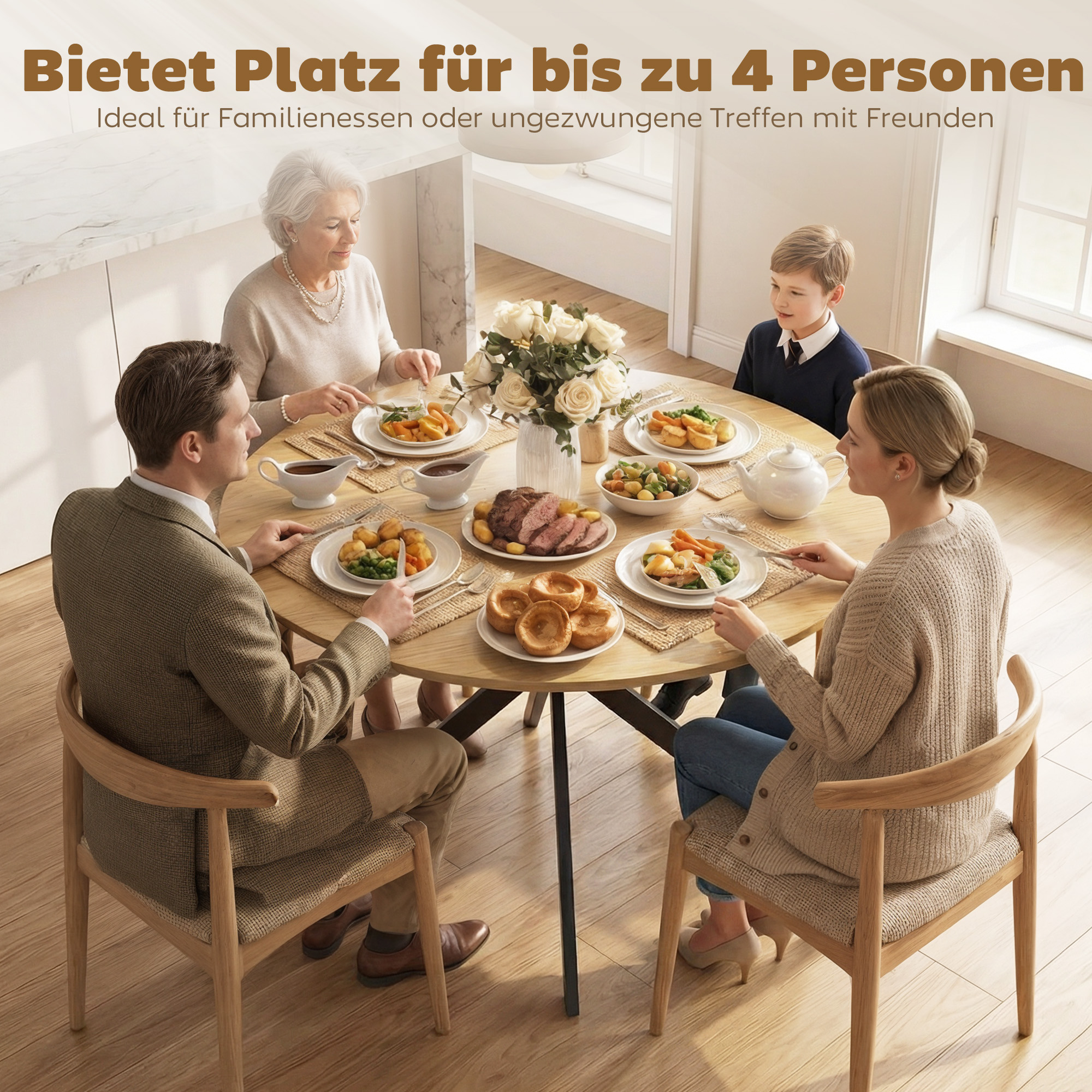 runder Esstisch für 4 Personen, Küchentisch im Industriestil mit Stahlbeinen, für Esszimmer, Küche, Eiche