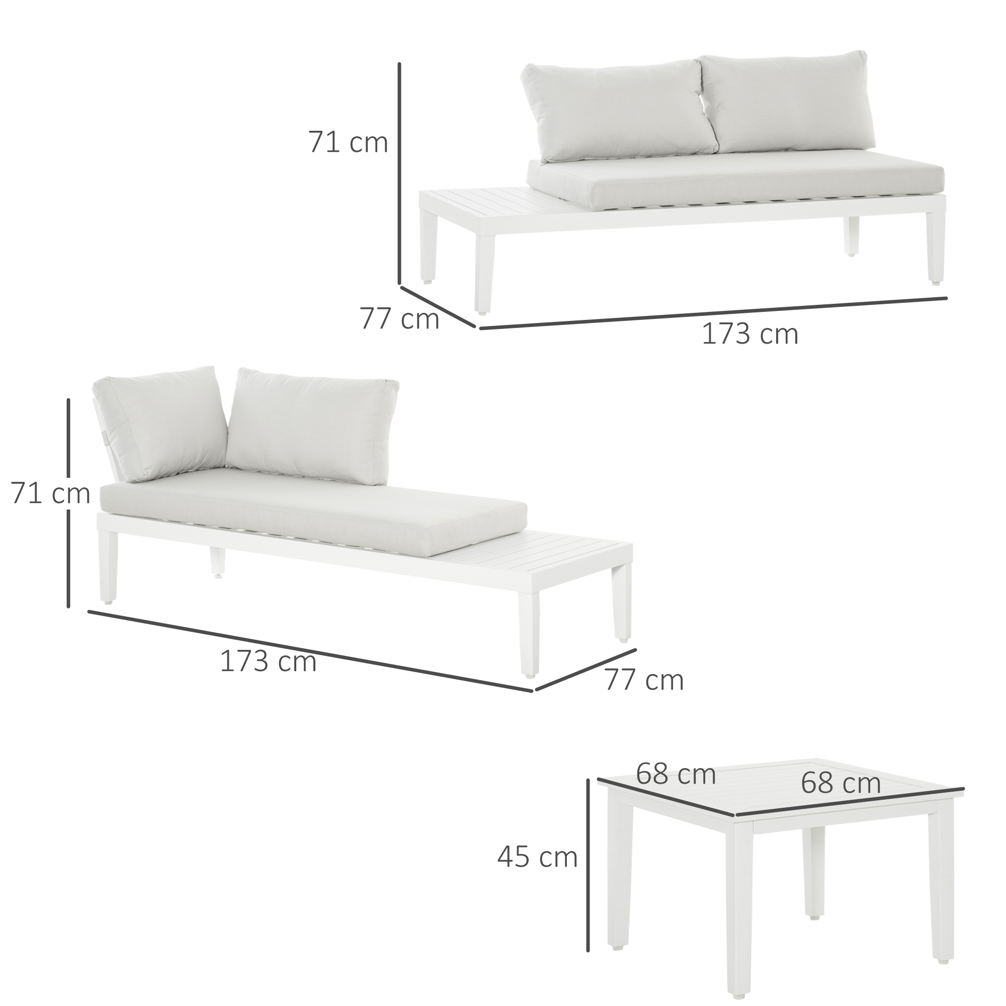 Gartenmöbel-Set für 3 Personen mit Beistelltisch Sofa mit Kissen L-Form Outdoor Aluminium Cremeweiß