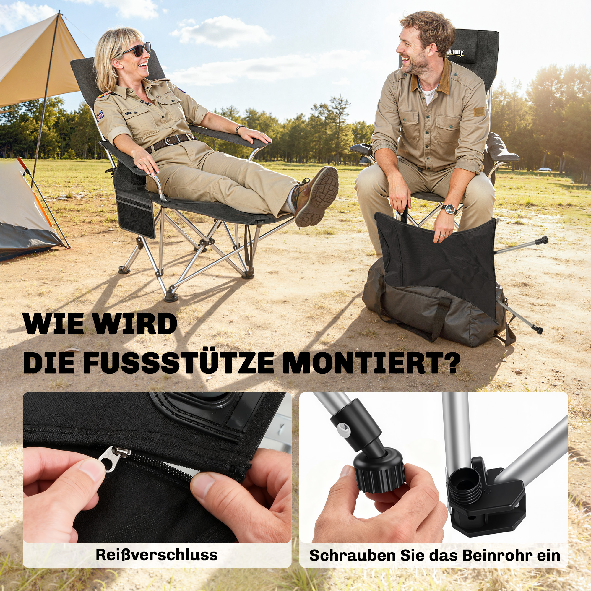 2er Set Campingstuhl faltbar Angelstuhl mit abnehmbar Fußstütze Getränkehalter belastbar 120 kg Schwarz