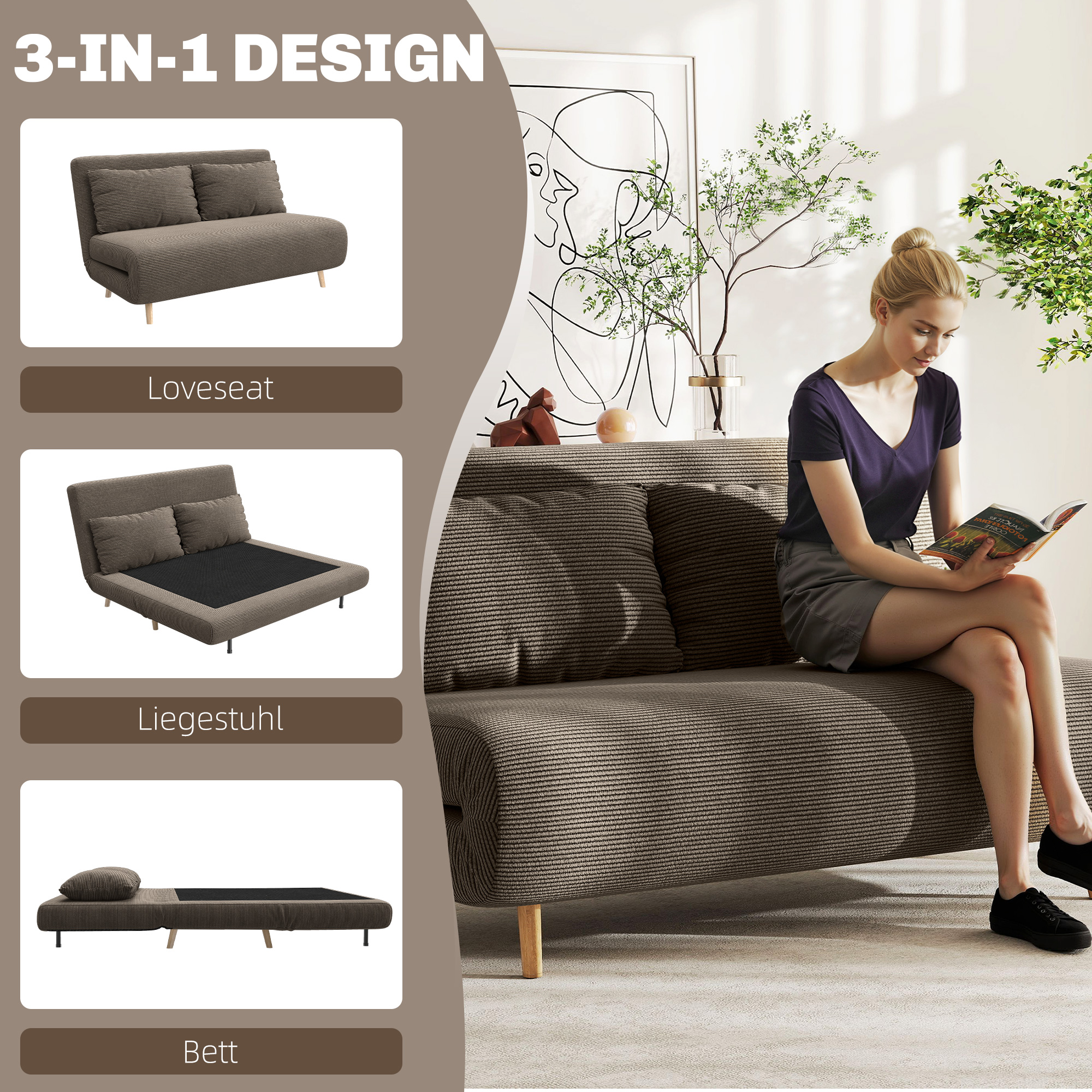 Schlafsofa, Gästebett, 3-fach verstellbare Rückenlehne, Kordoptik, bis 120 kg, 141 x 90 x 81 cm, Dunkelbraun