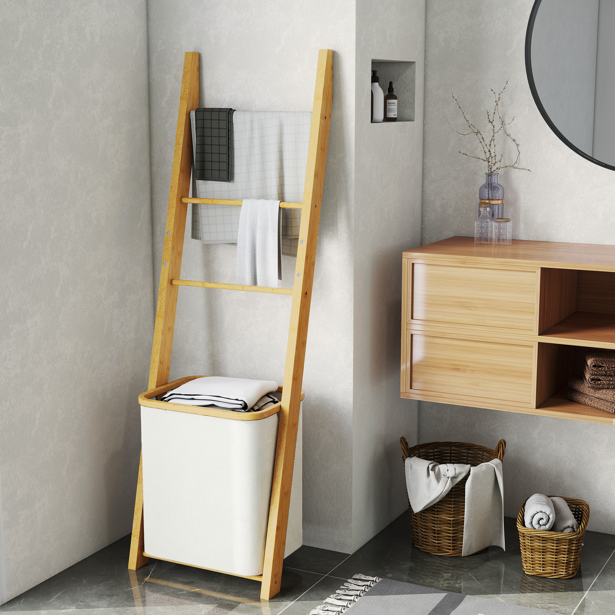 Badregal, 2-in-1 Badezimmerregal mit 3 Stangen, abnehmbarer 48L-Wäschekorb, Bambus, 43 x 35 x 133 cm, Cremeweiß