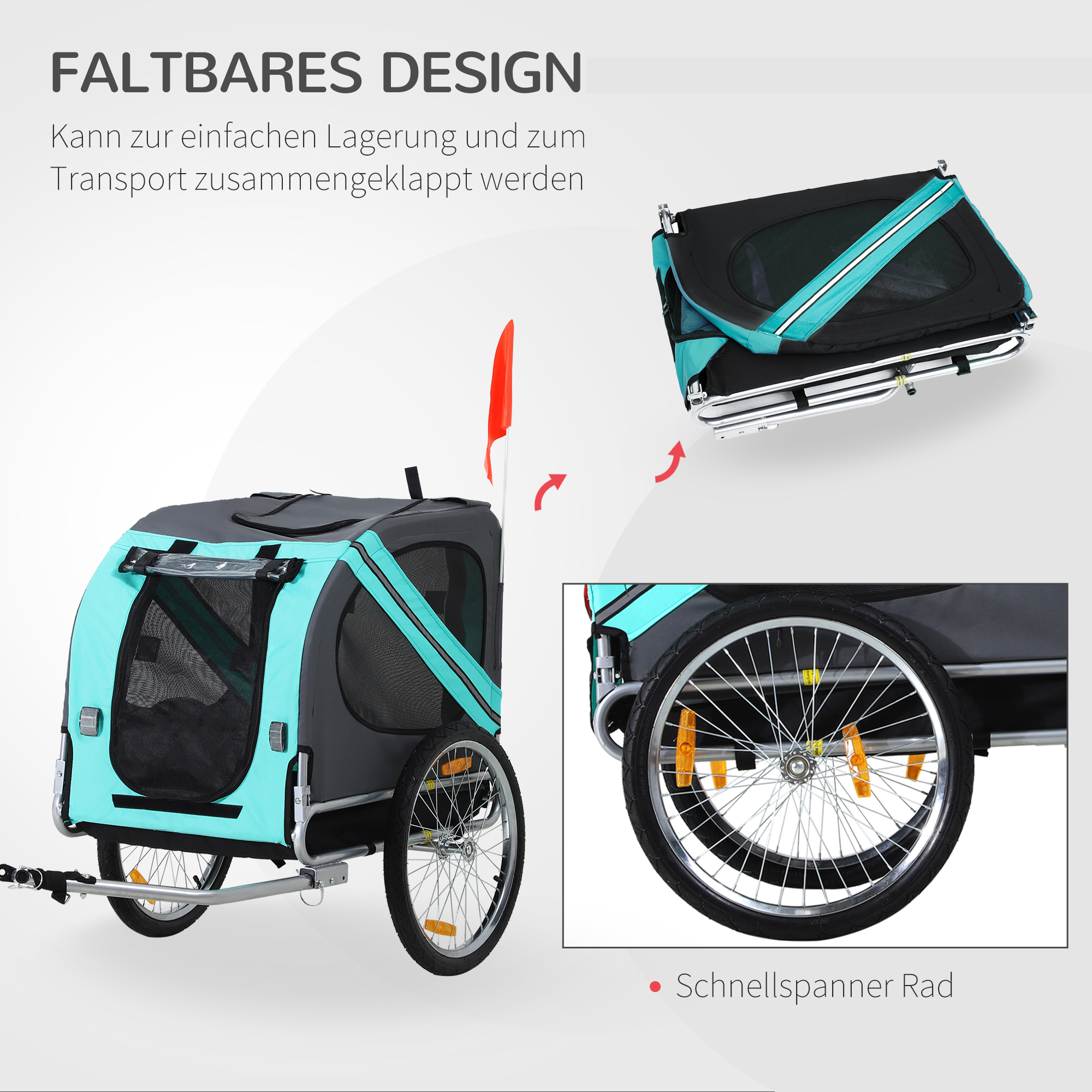 Haustieranhänger Hundeanhänger Fahrradanhänger bis 20kg klappbar Reflektor Regenschutz Stahl Grau + Grün 130 x 73 x 90cm