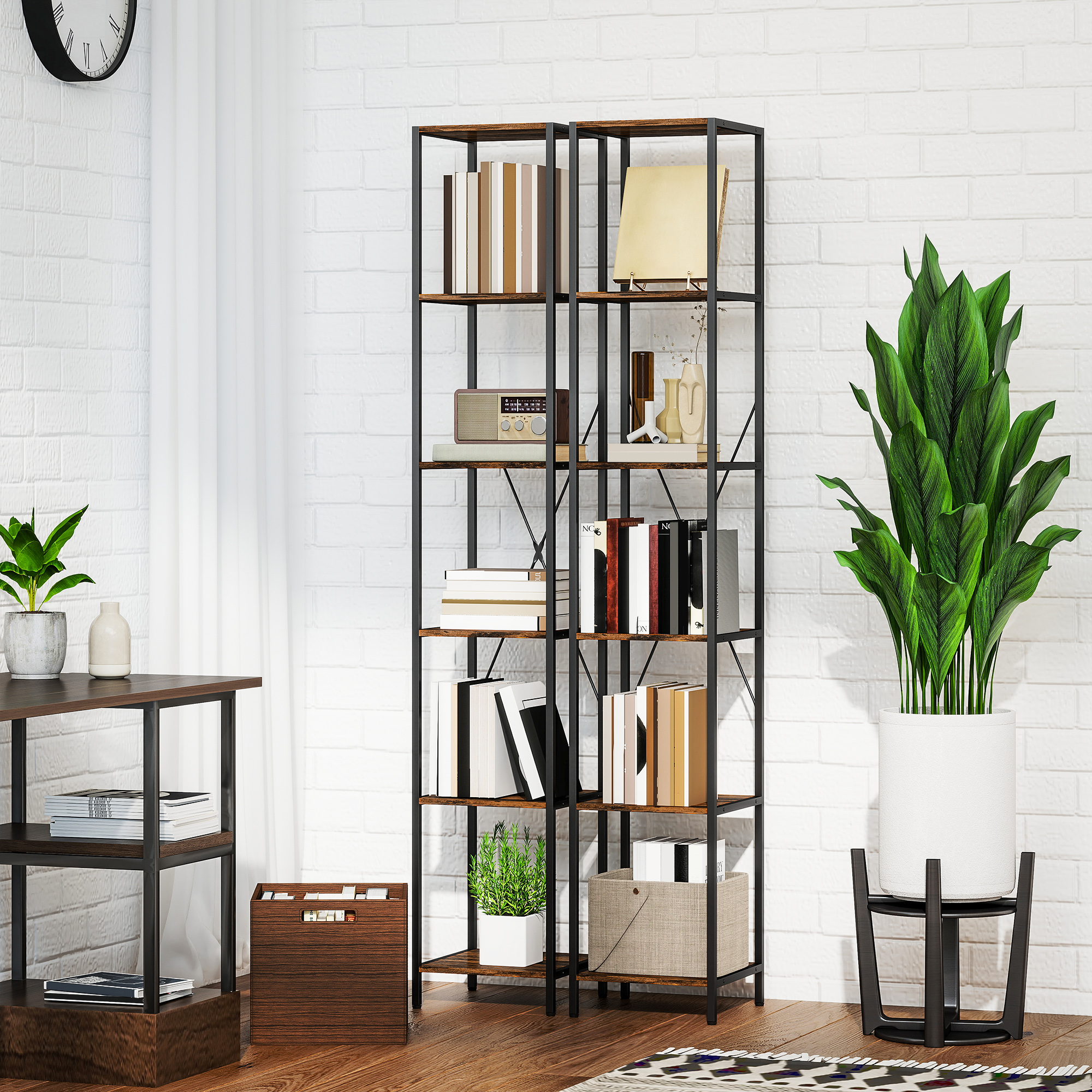 2er-Set 6-Ebenen-Bücherregal, Stahlrahmen, für Wohnzimmer, Büro, Schlafzimmer, Rustikal-Braun